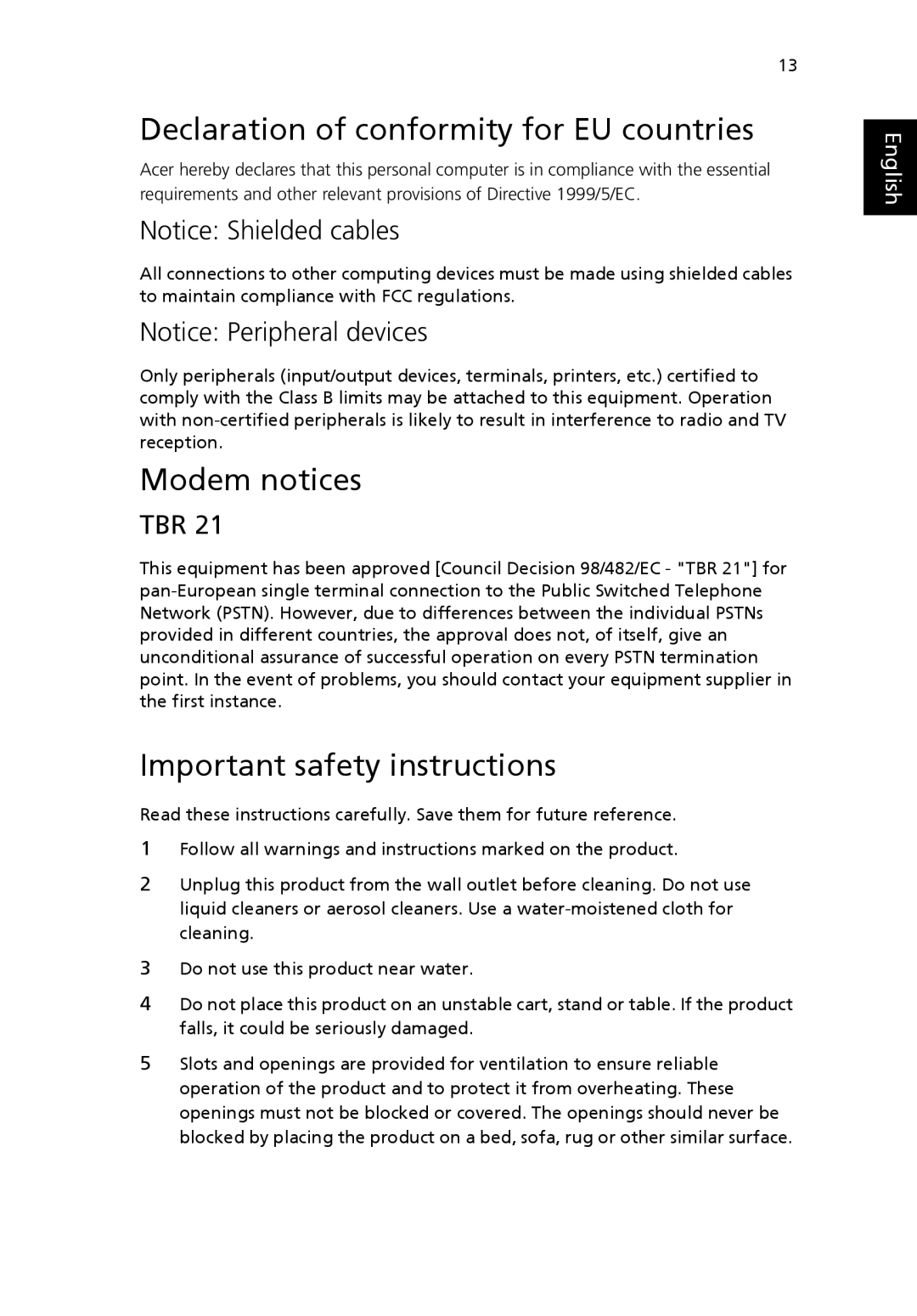 Acer L series manual Declaration of conformity for EU countries, Modem notices, Important safety instructions, Tbr 