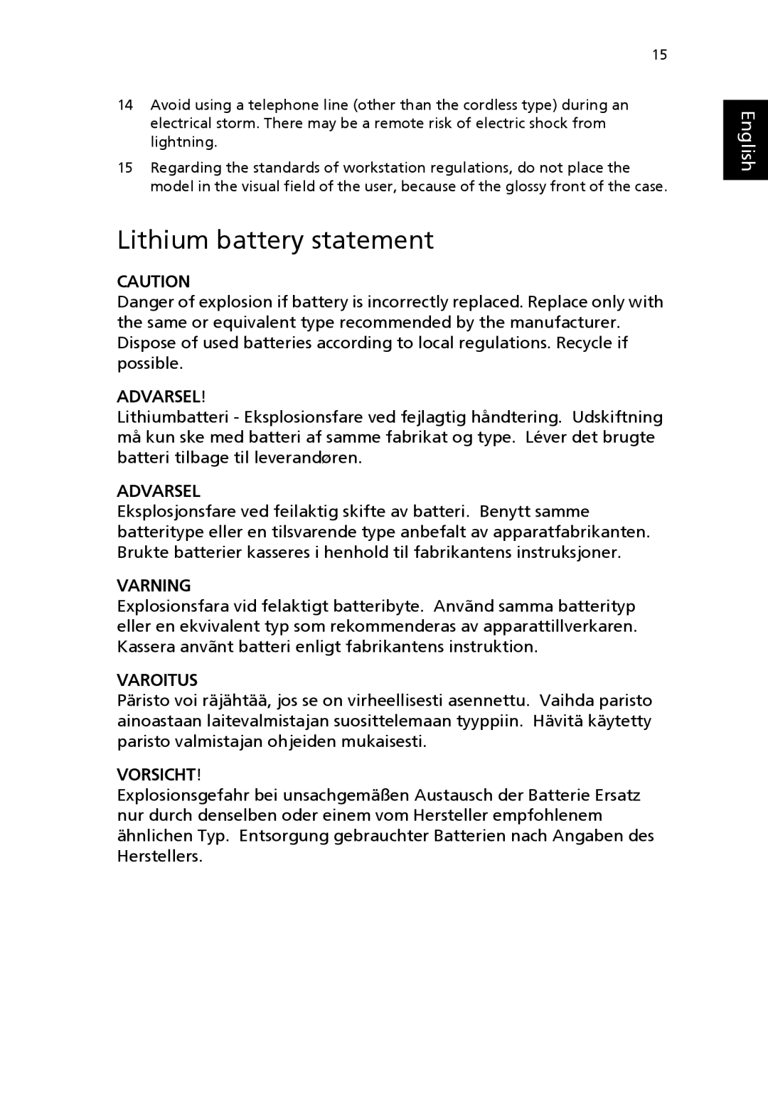 Acer L series manual Lithium battery statement, Varning 