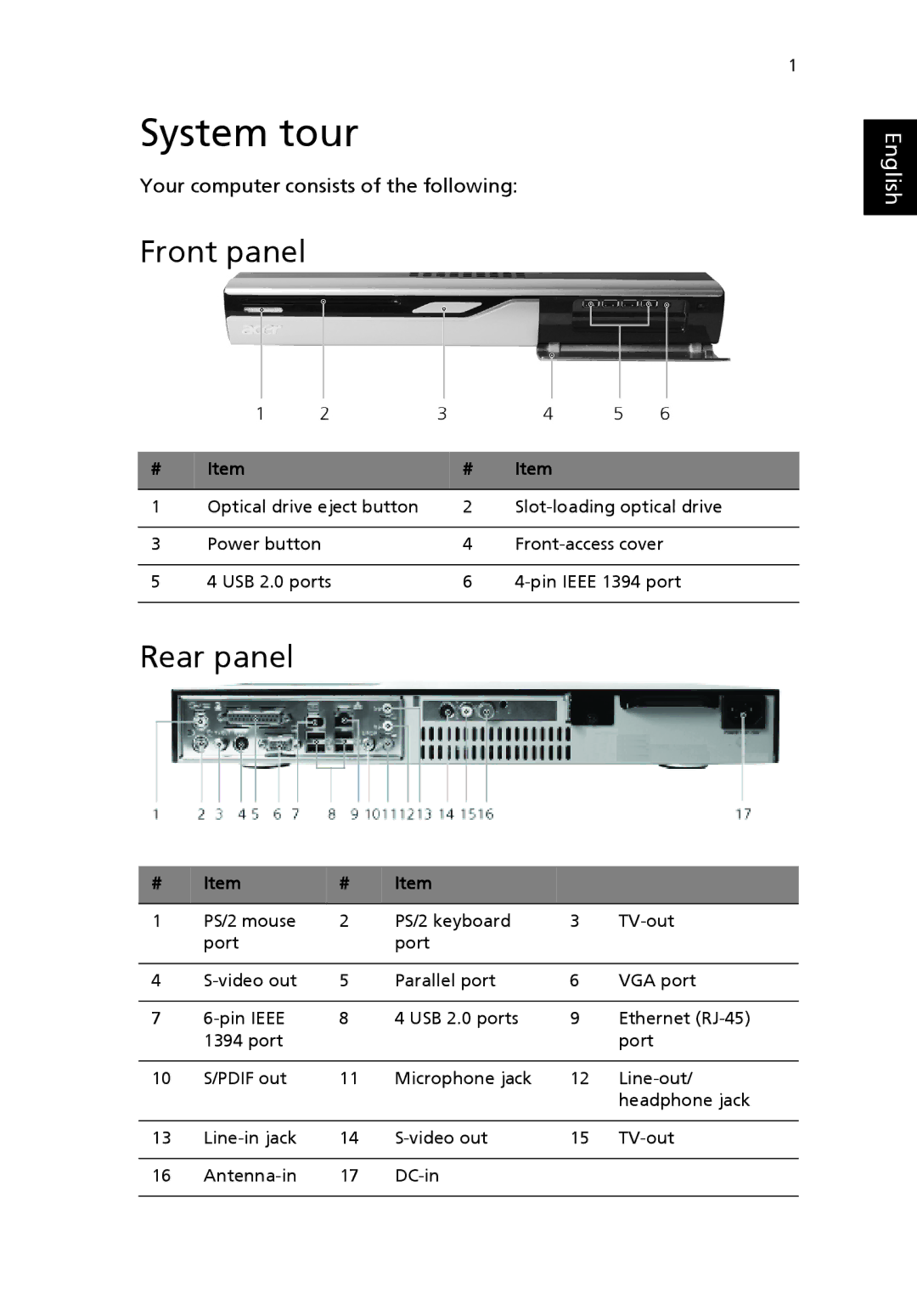 Acer L series manual System tour, Front panel, Rear panel 