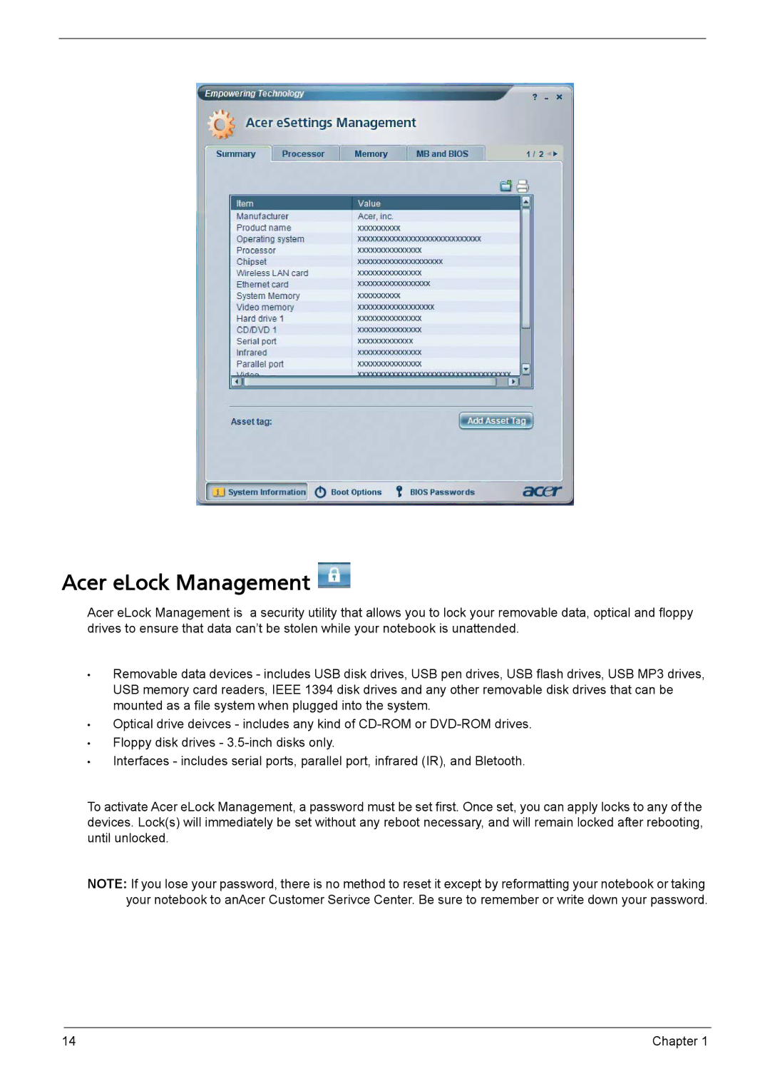 Acer L310 manual Acer eLock Management 