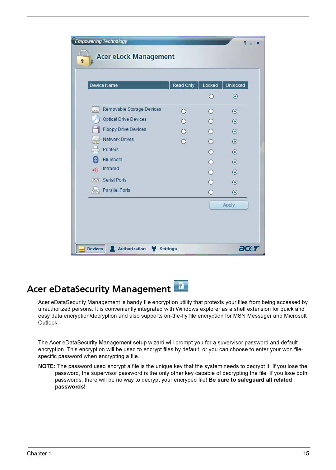 Acer L310 manual Acer eDataSecurity Management 