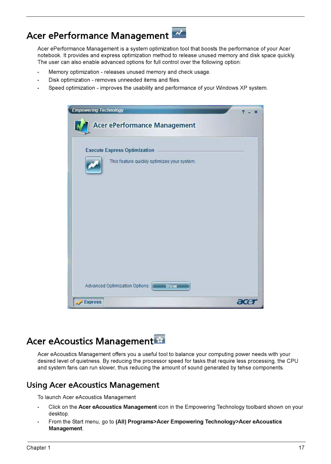 Acer L310 manual Acer ePerformance Management, Acer eAcoustics Management 