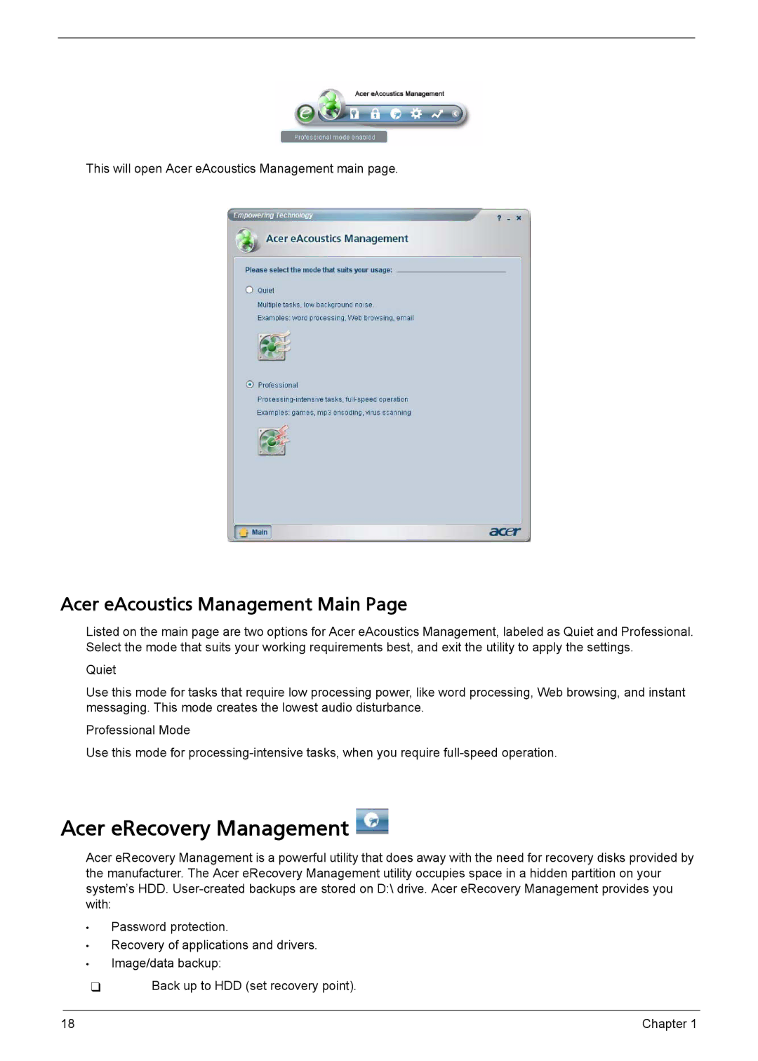 Acer L310 manual Acer eRecovery Management, Acer eAcoustics Management Main 