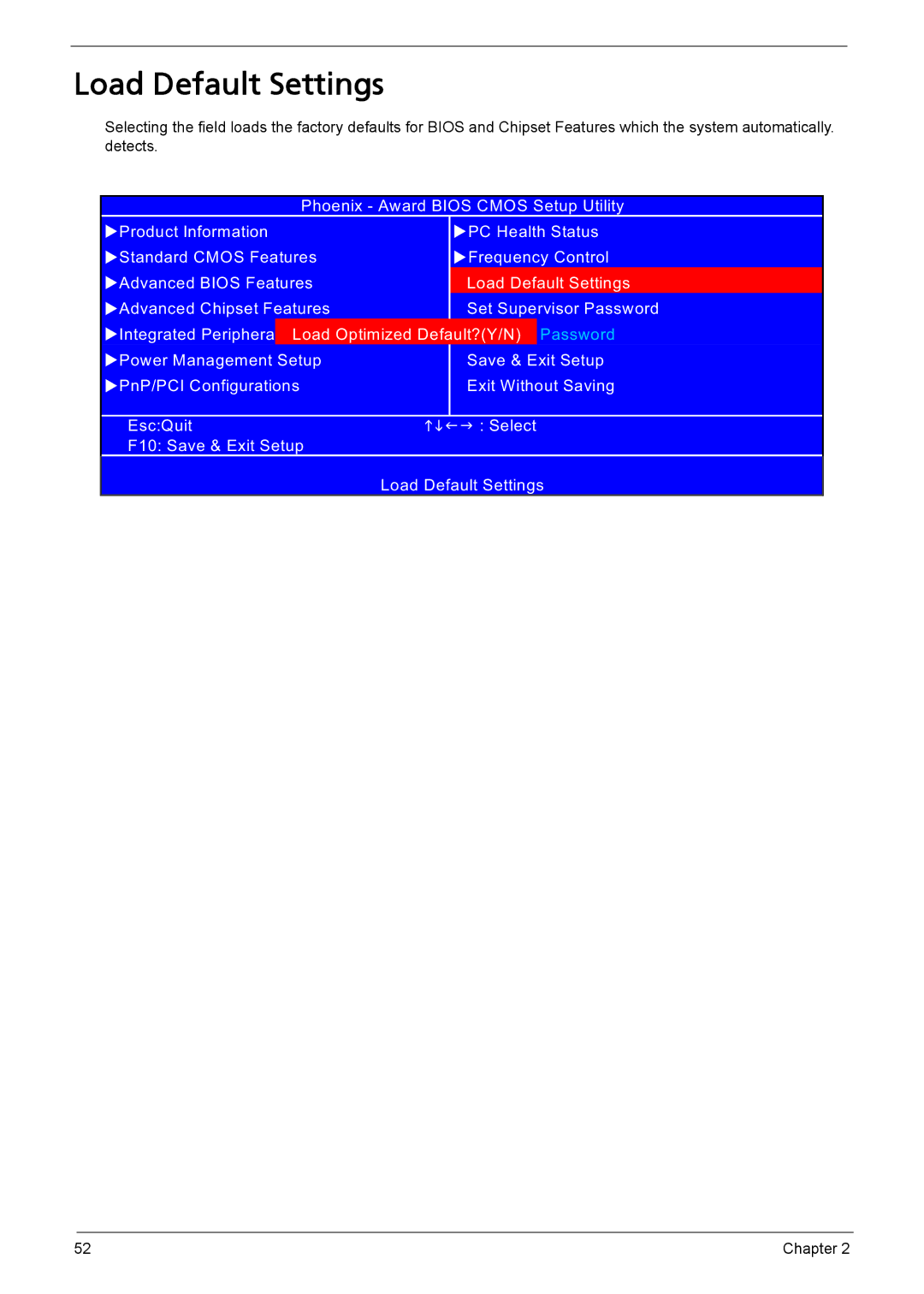 Acer L310 manual Load Default Settings 