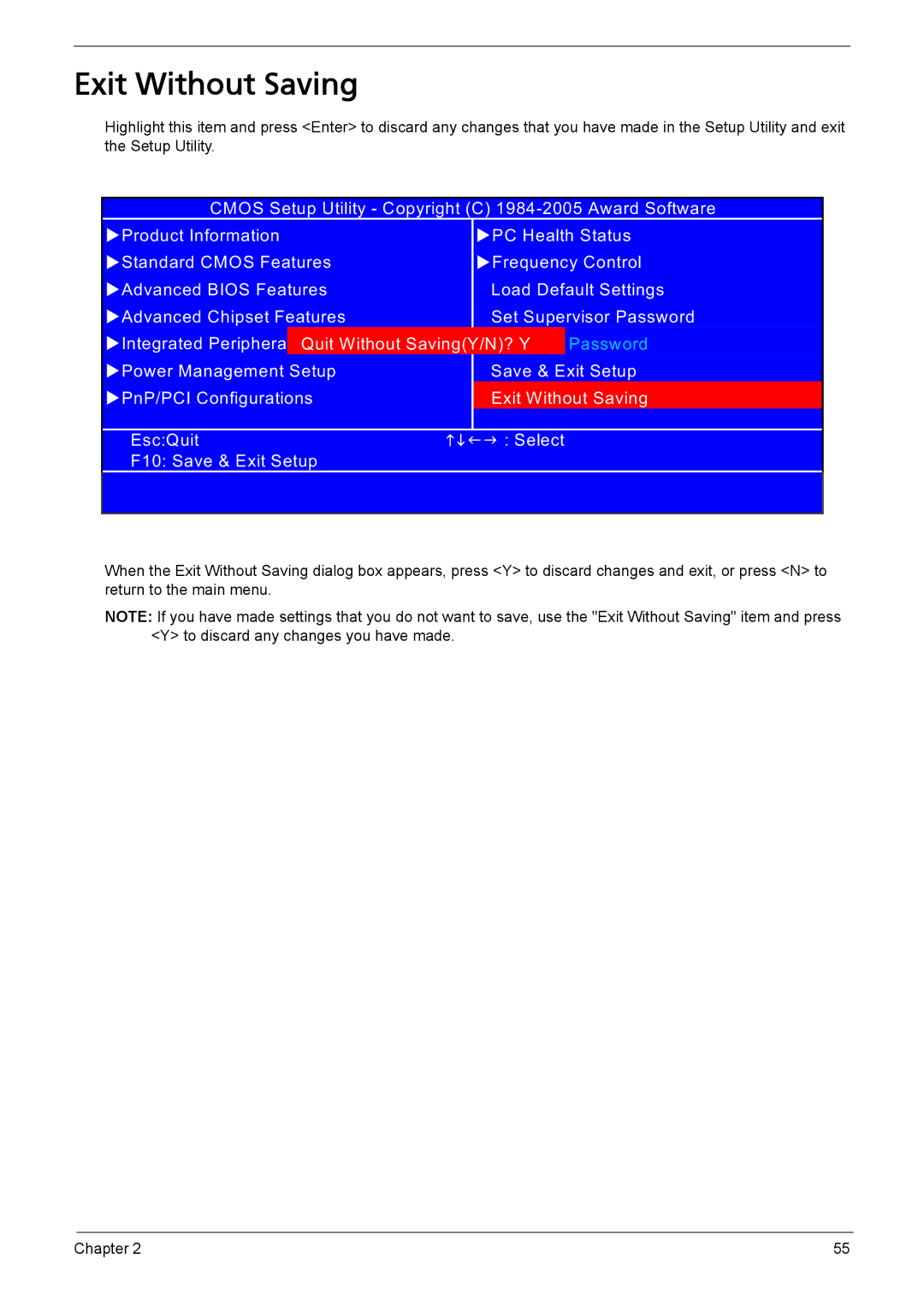 Acer L310 manual Exit Without Saving 