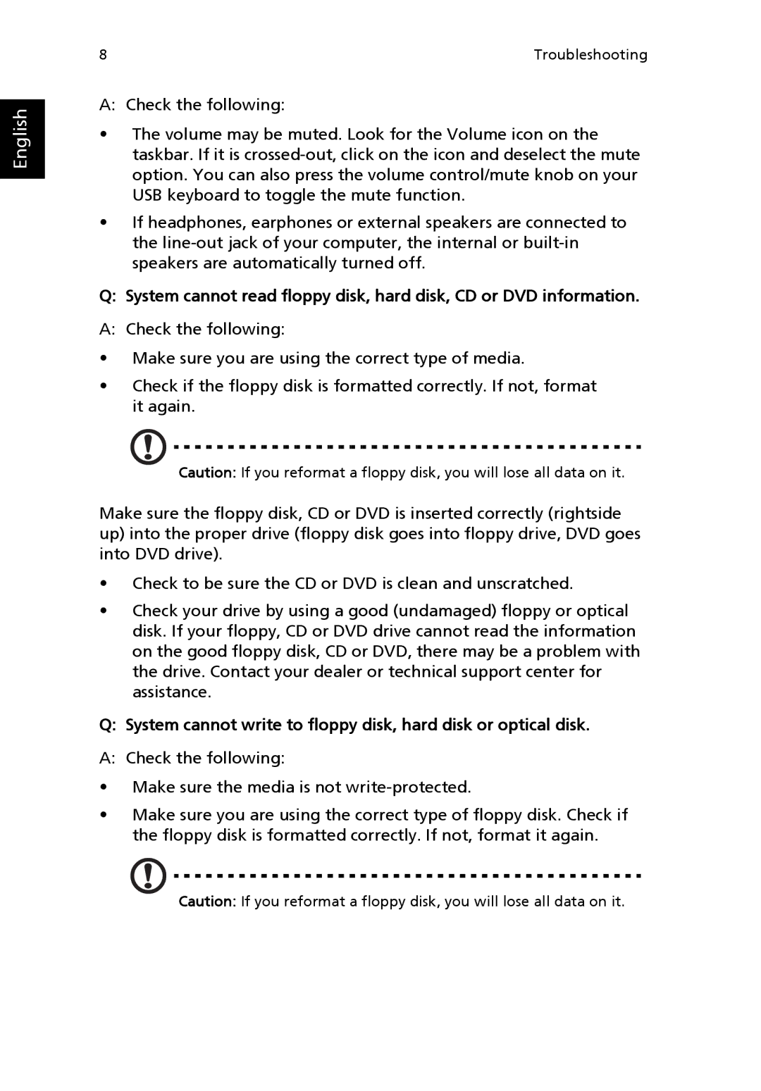 Acer laptop manual Troubleshooting 