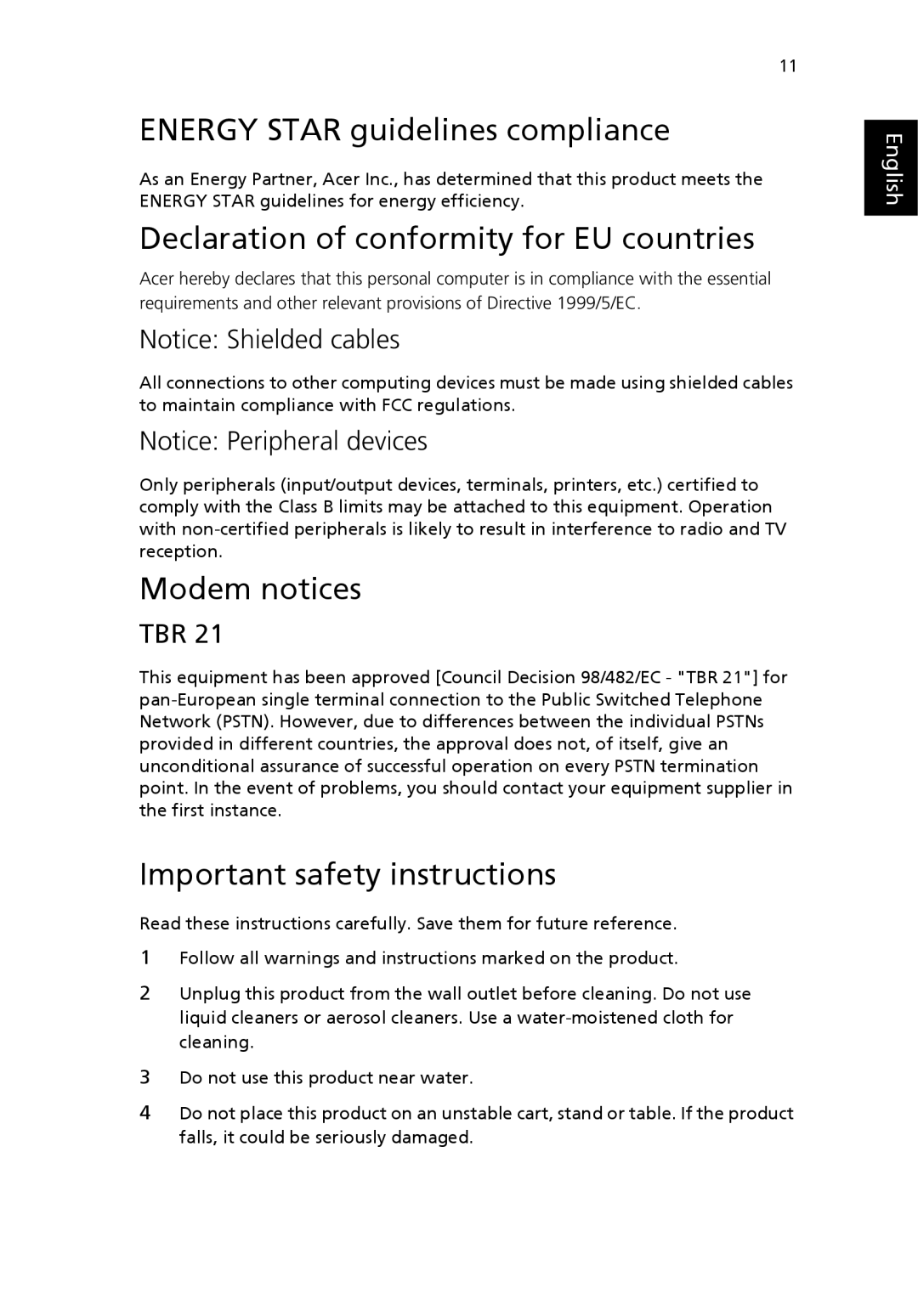 Acer laptop manual Energy Star guidelines compliance, Declaration of conformity for EU countries, Modem notices, Tbr 