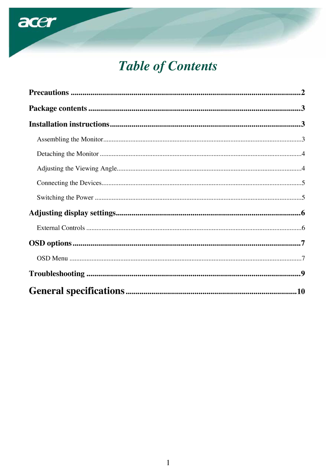 Acer LCD Monito specifications Table of Contents 