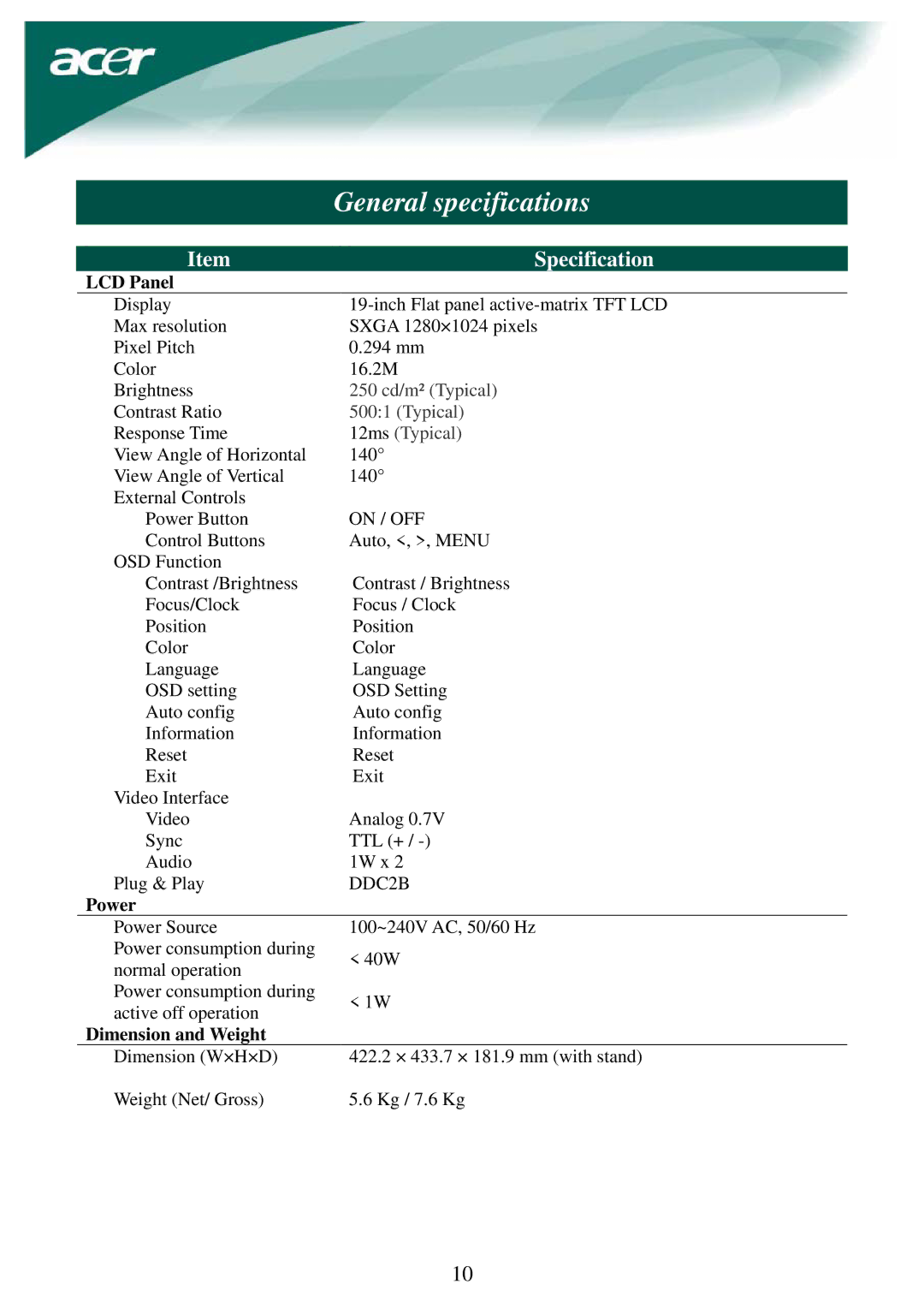 Acer LCD Monito General specifications 