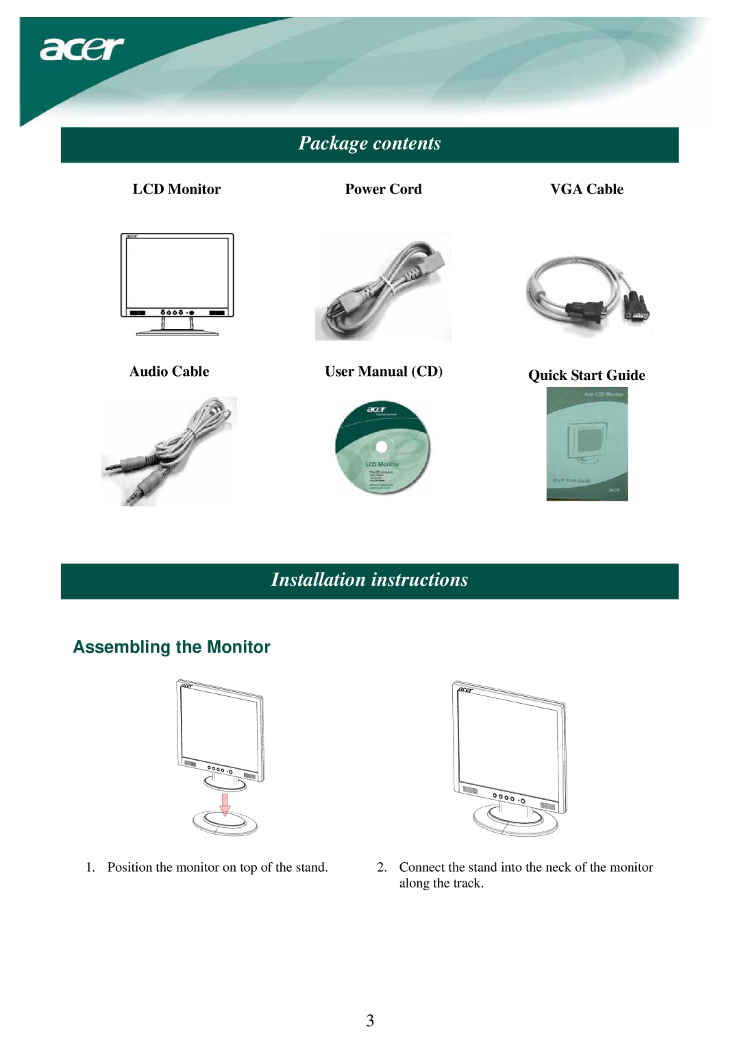 Acer LCD Monito specifications Package contents, Installation instructions, Assembling the Monitor 