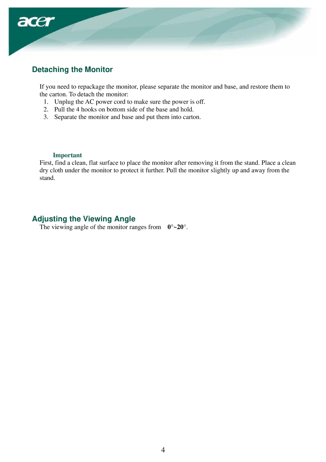 Acer LCD Monito specifications Detaching the Monitor, Adjusting the Viewing Angle 