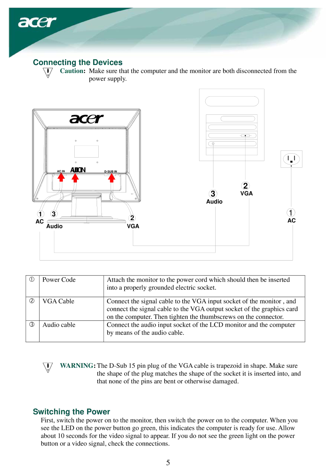 Acer LCD Monito specifications Connecting the Devices, Switching the Power 