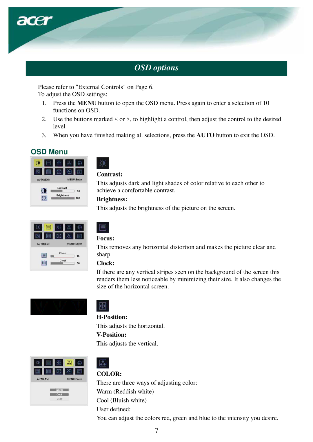 Acer LCD Monito specifications OSD options, OSD Menu 