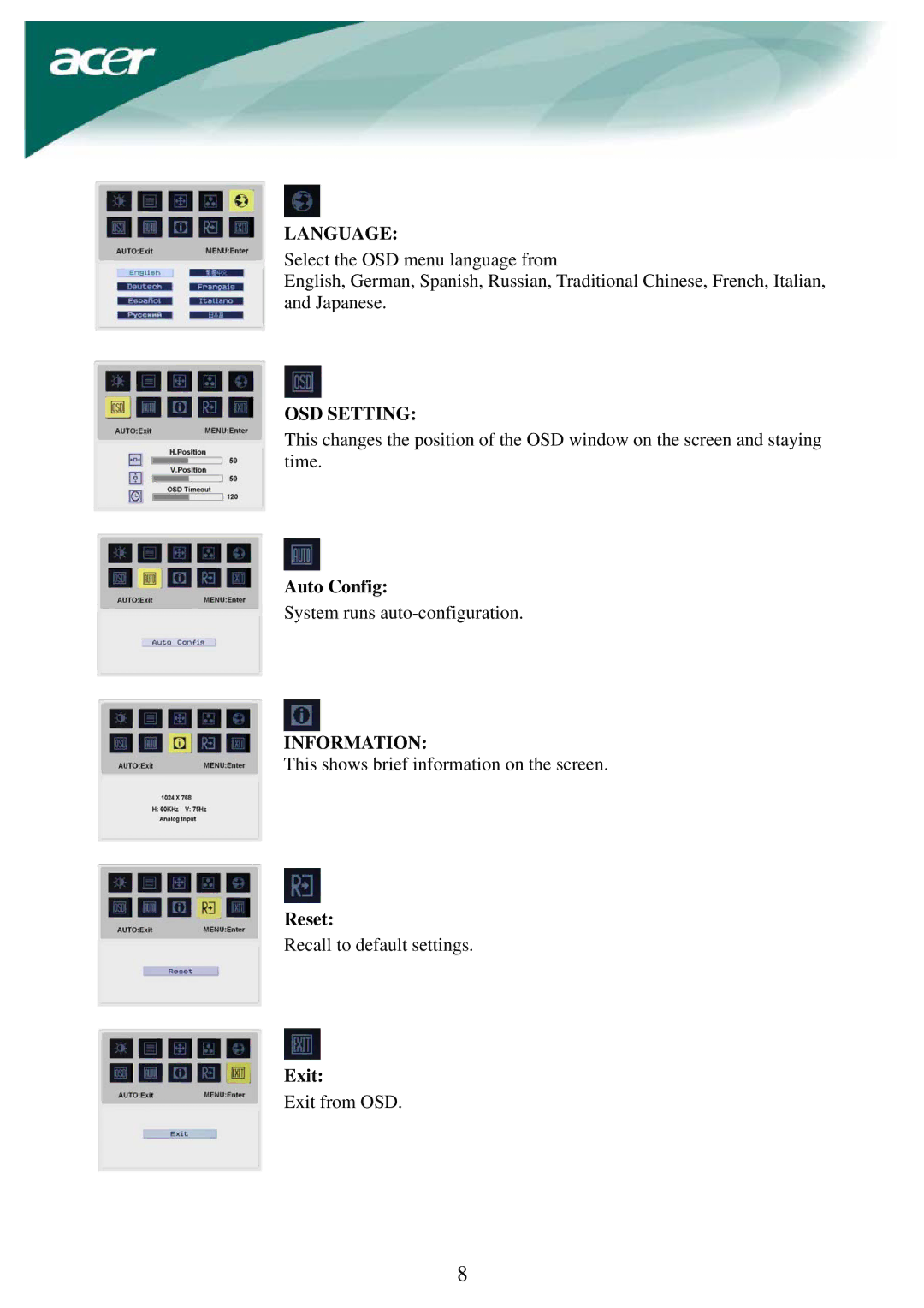 Acer LCD Monito specifications Language 