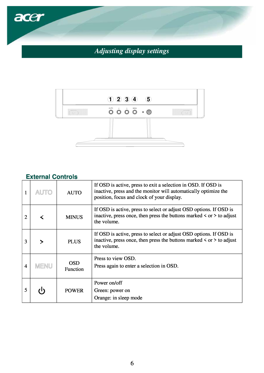 Acer LCD Monito specifications Adjusting display settings, External Controls 