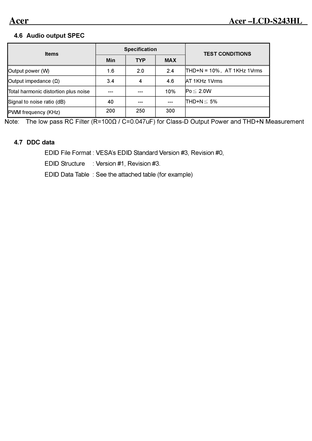 Acer LCD-S243HL service manual Audio output Spec, DDC data 