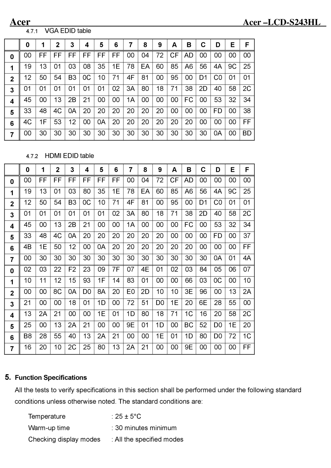 Acer LCD-S243HL service manual Function Specifications 