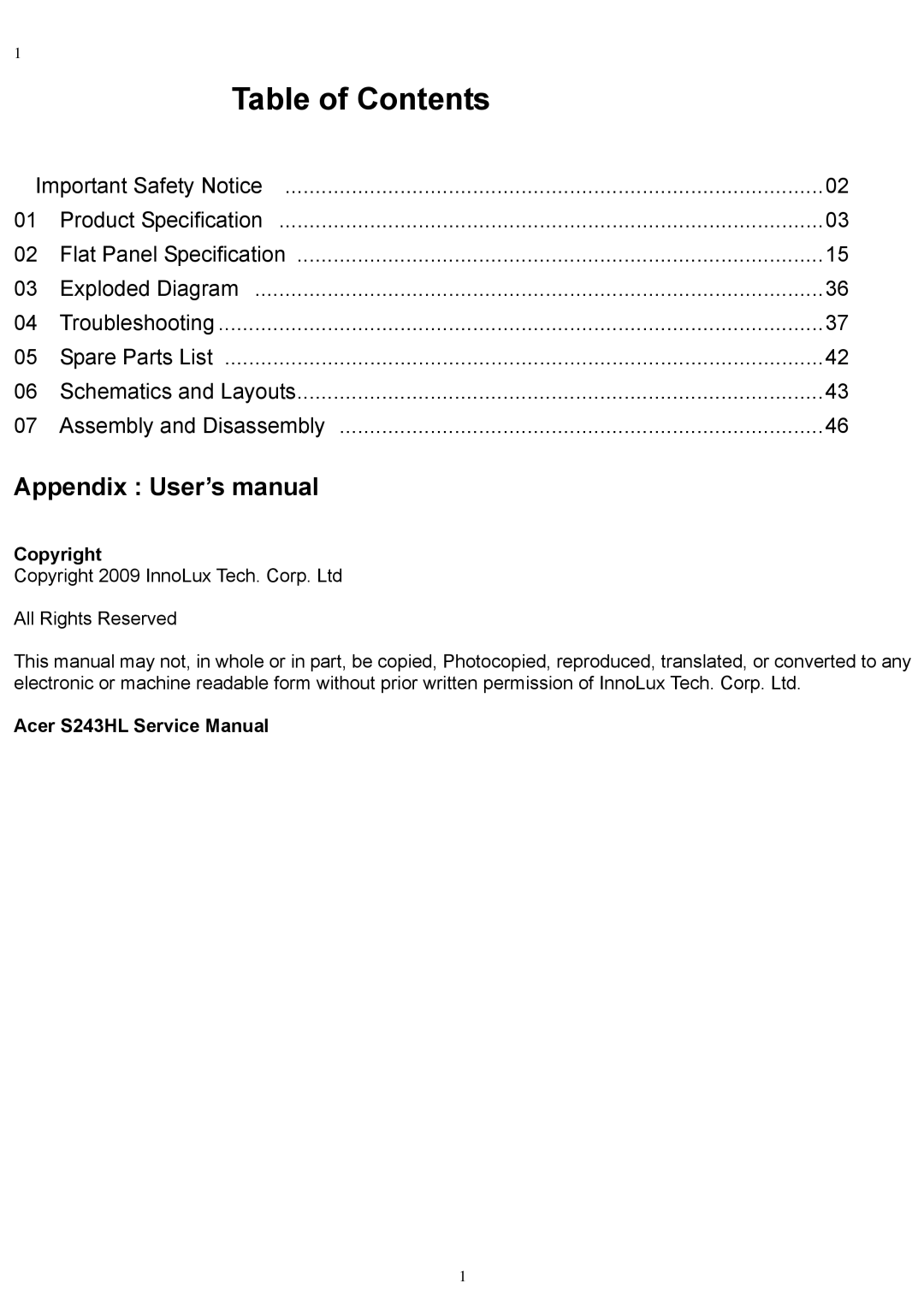 Acer LCD-S243HL service manual Table of Contents 