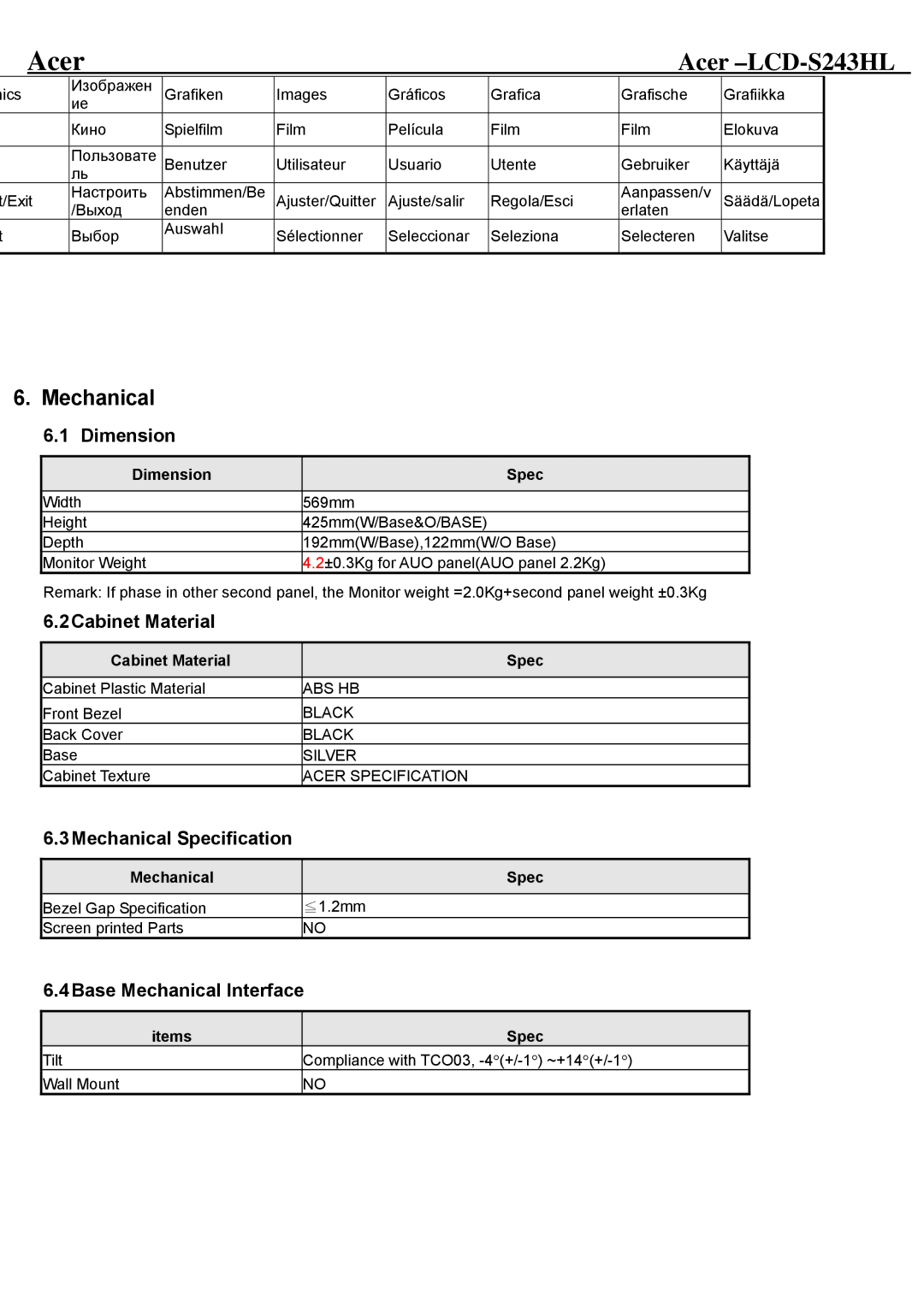 Acer LCD-S243HL service manual Dimension, 2Cabinet Material, 3Mechanical Specification, 4Base Mechanical Interface 