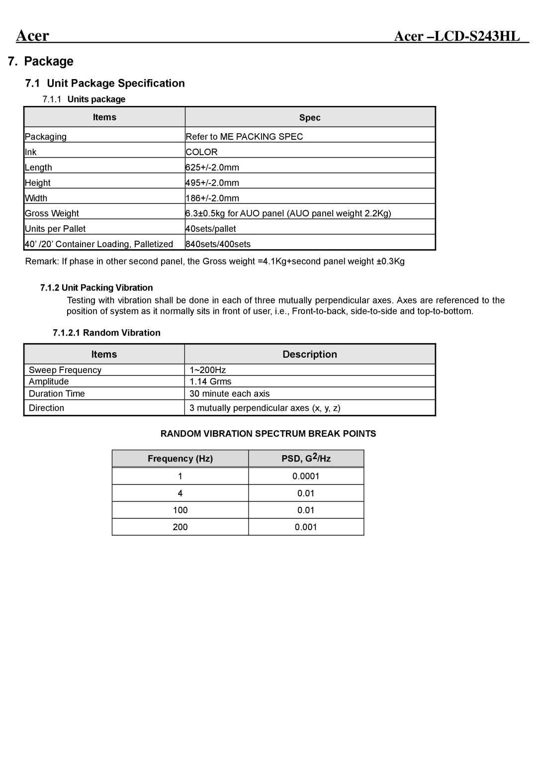 Acer LCD-S243HL service manual Unit Package Specification 