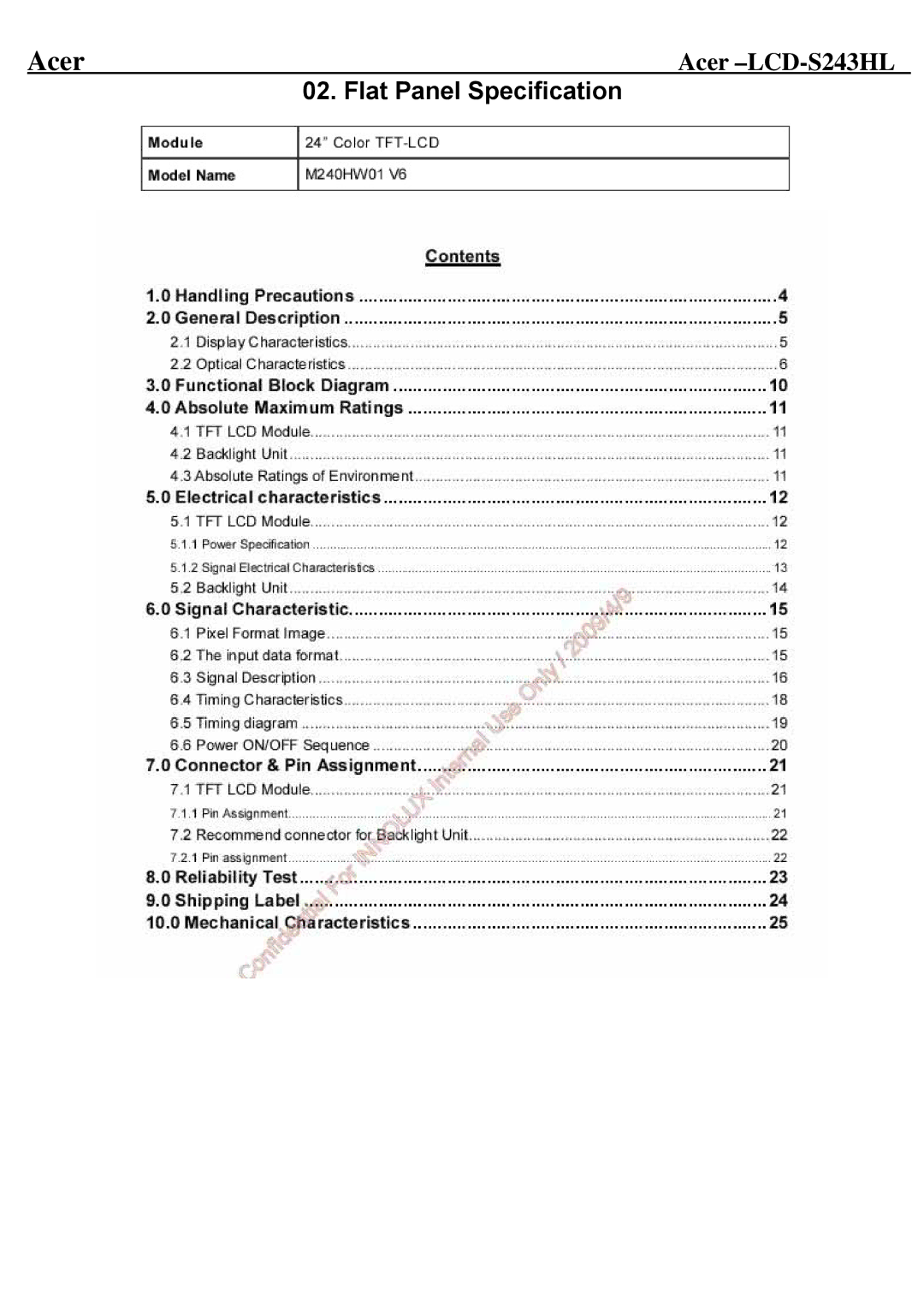 Acer LCD-S243HL service manual Flat Panel Specification 