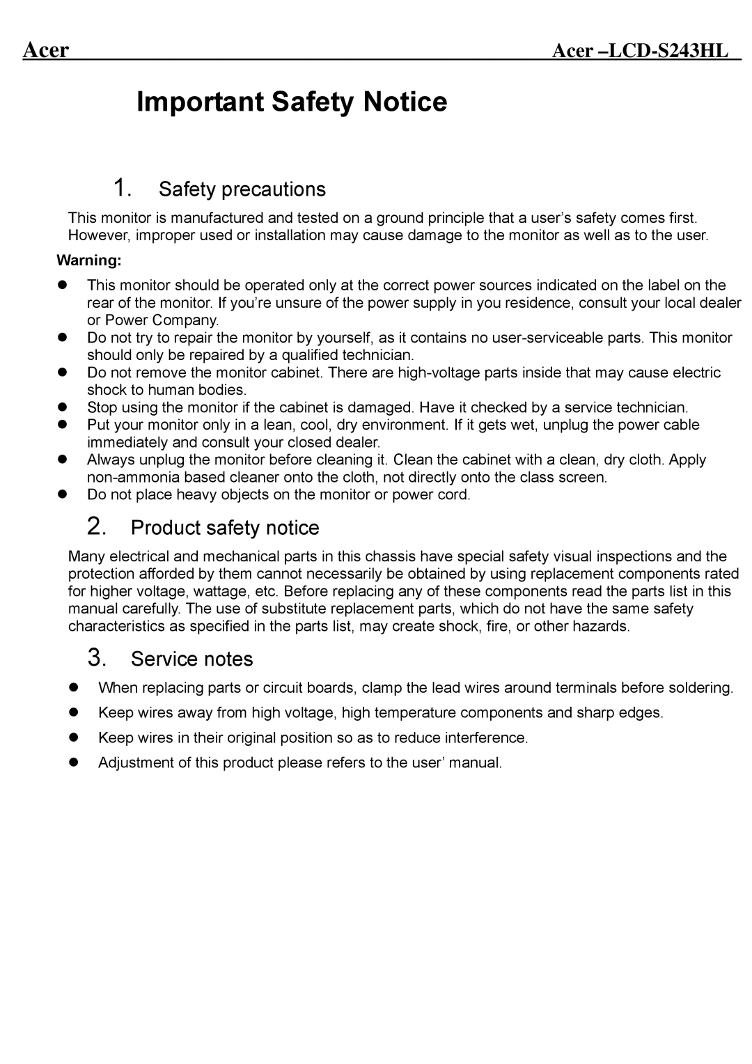 Acer LCD-S243HL service manual Important Safety Notice 