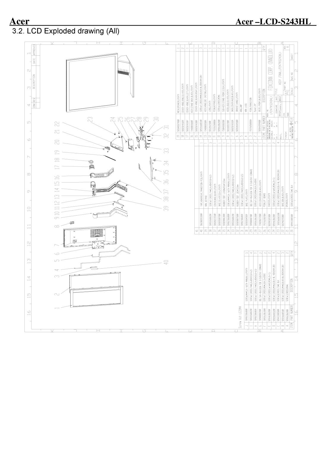 Acer LCD-S243HL service manual LCD Exploded drawing All 