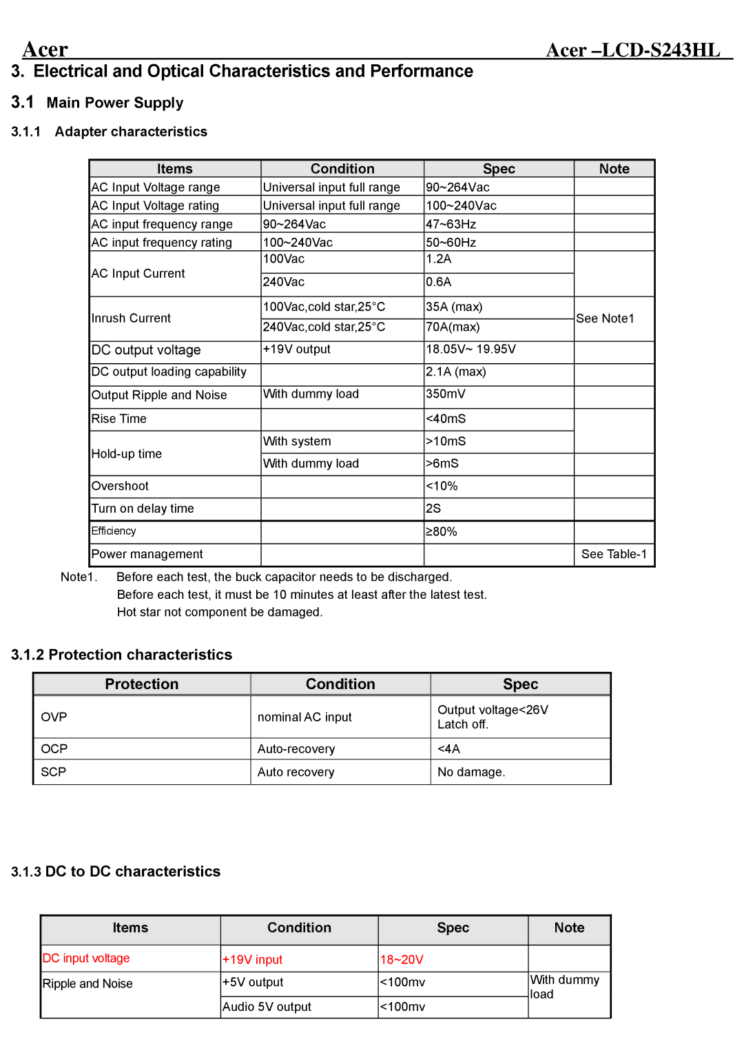 Acer LCD-S243HL service manual Protection characteristics Condition Spec, DC to DC characteristics 