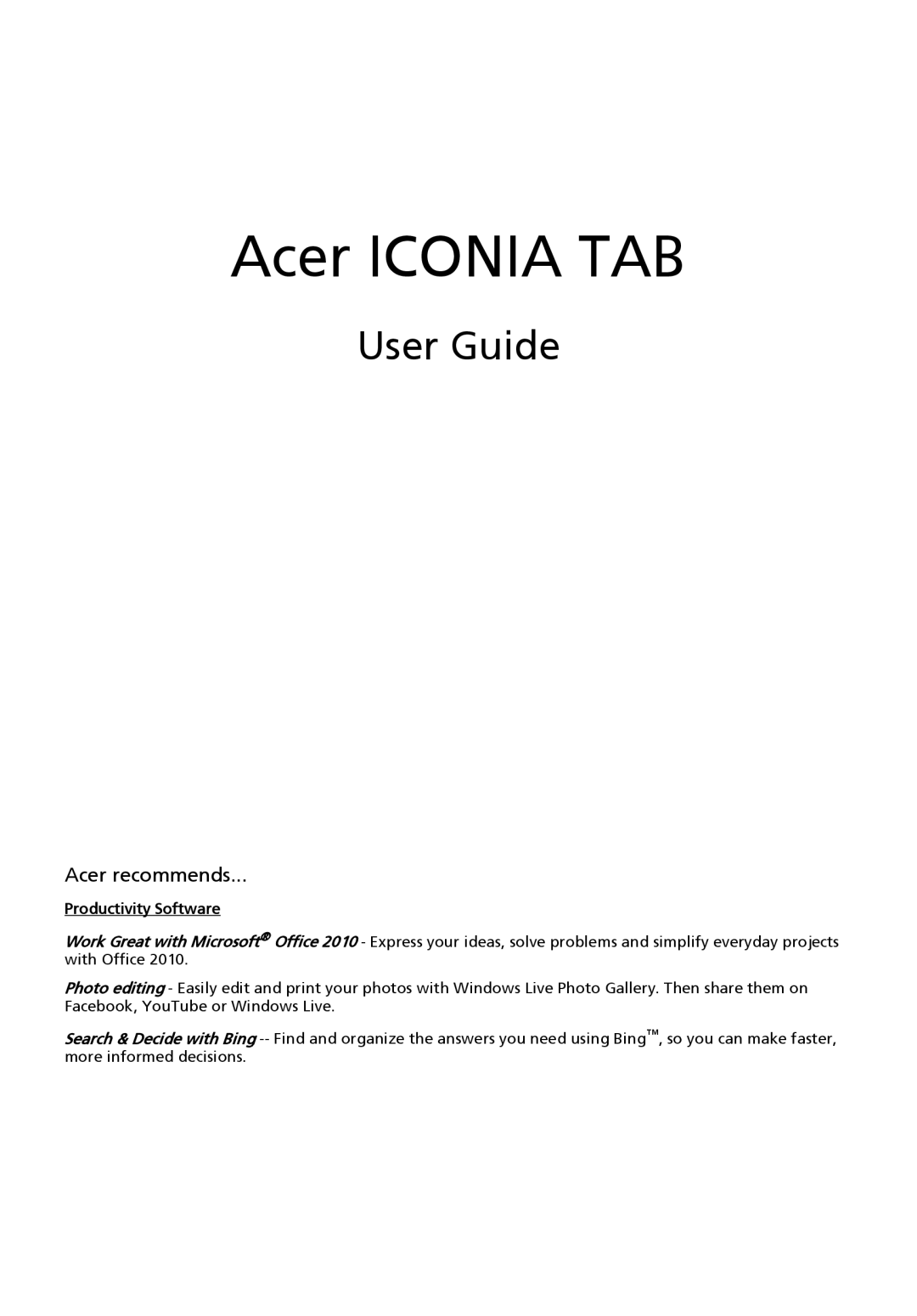 Acer XE.H72PN.002, LE.RHC02.031, XE.H60PN.002 manual Acer Iconia TAB, User Guide 