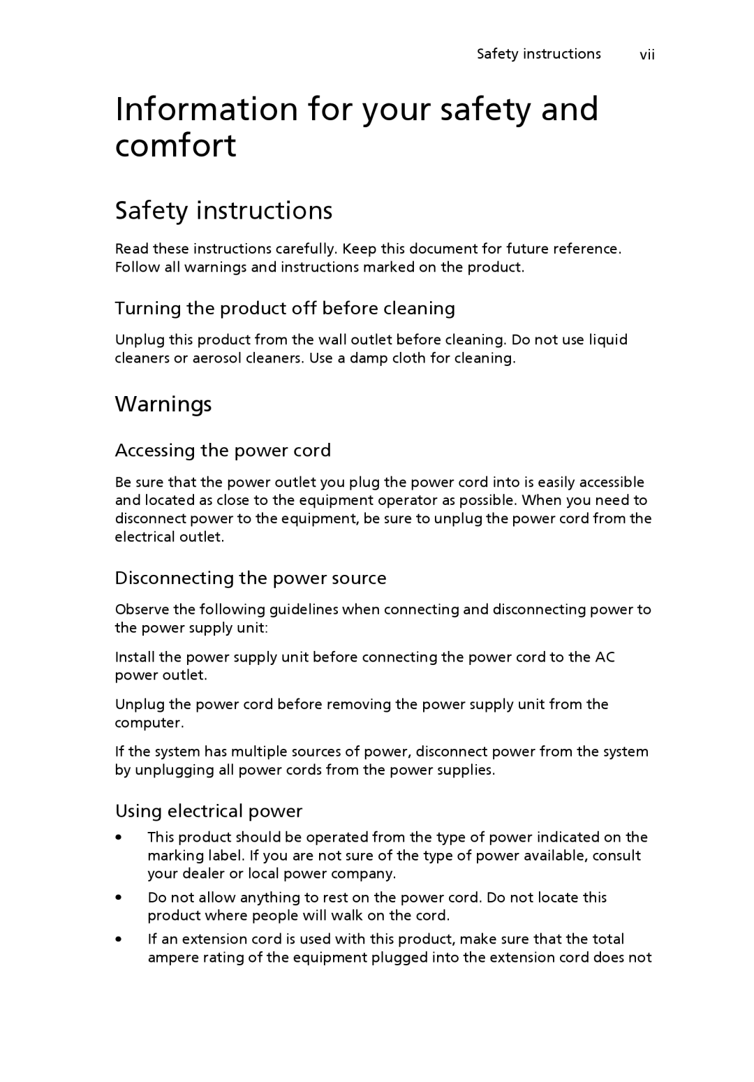 Acer XE.H72PN.002, LE.RHC02.031, XE.H60PN.002 manual Information for your safety and comfort, Safety instructions 