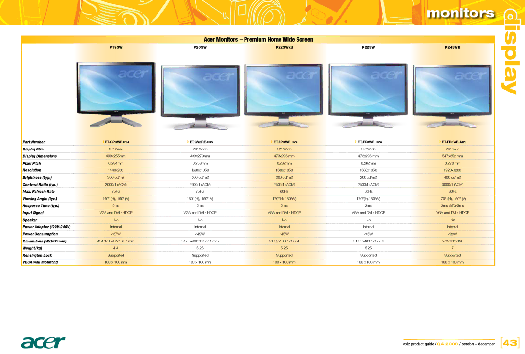 Acer L2208w, LP1965, L1950g, LP2065, LP2475w, LP3065, L2245w, L1710, L1908w dimensions Acer Monitors Premium Home Wide Screen 