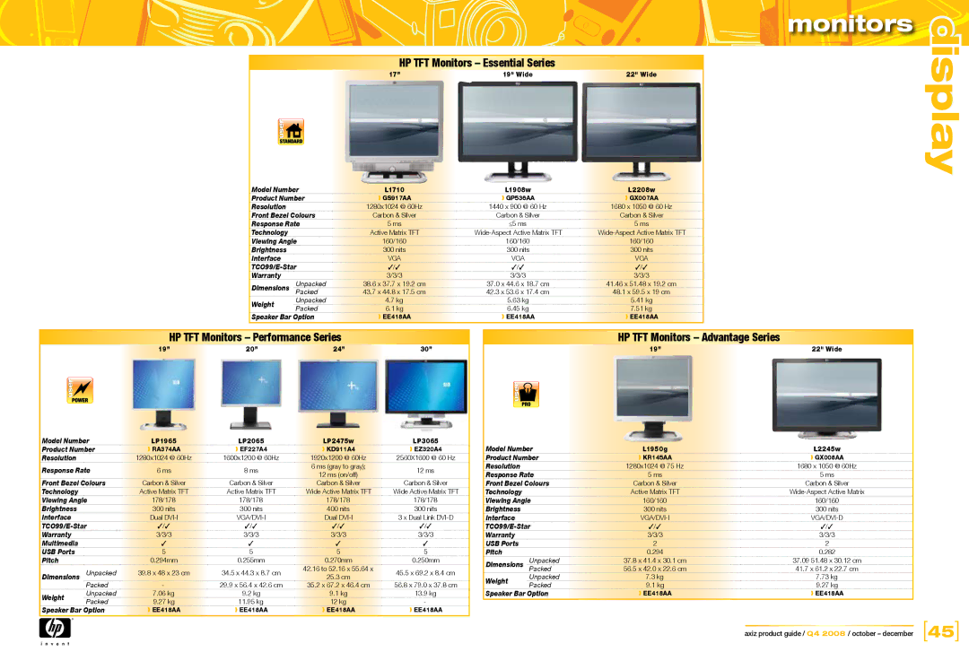 Acer LP2475w, LP1965, L1950g, LP2065, L2208w, LP3065 HP TFT Monitors Essential Series, HP TFT Monitors Performance Series 