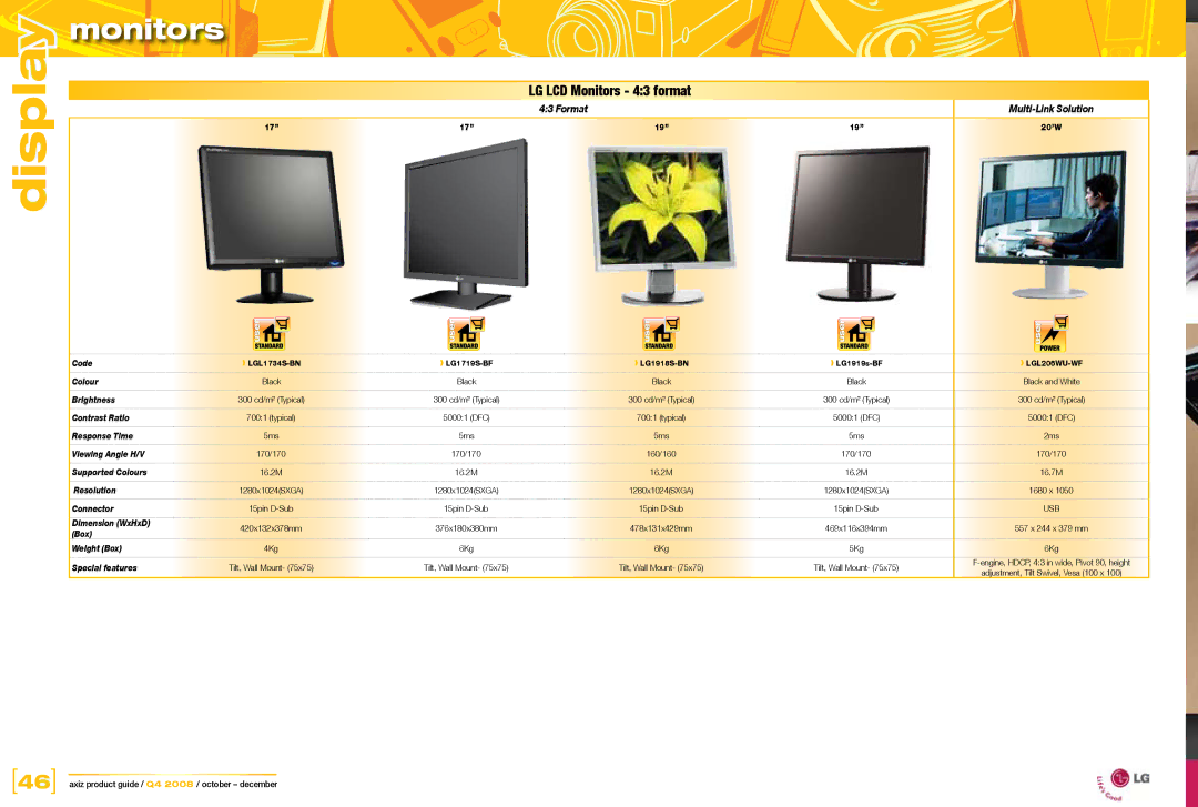 Acer LP3065, LP1965, L1950g, LP2065, L2208w, LP2475w, L2245w, L1710, L1908w dimensions LG LCD Monitors 43 format 