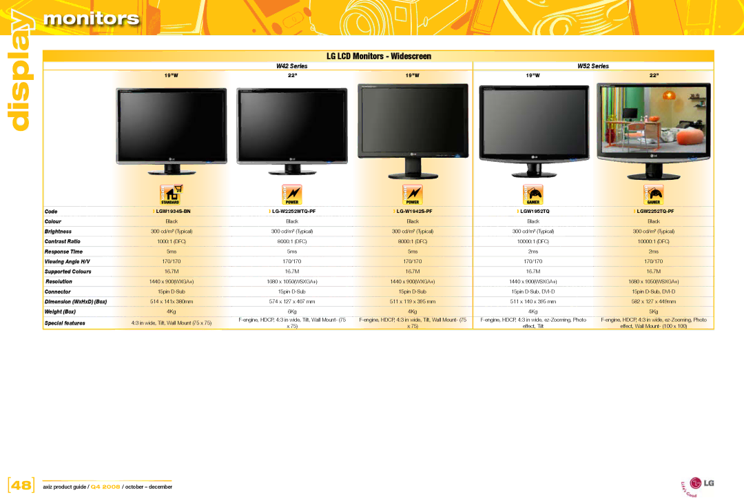 Acer L2245w, LP1965, L1950g, LP2065, L2208w, LP2475w, LP3065, L1710, L1908w LG LCD Monitors Widescreen, Dimension WxHxD Box 