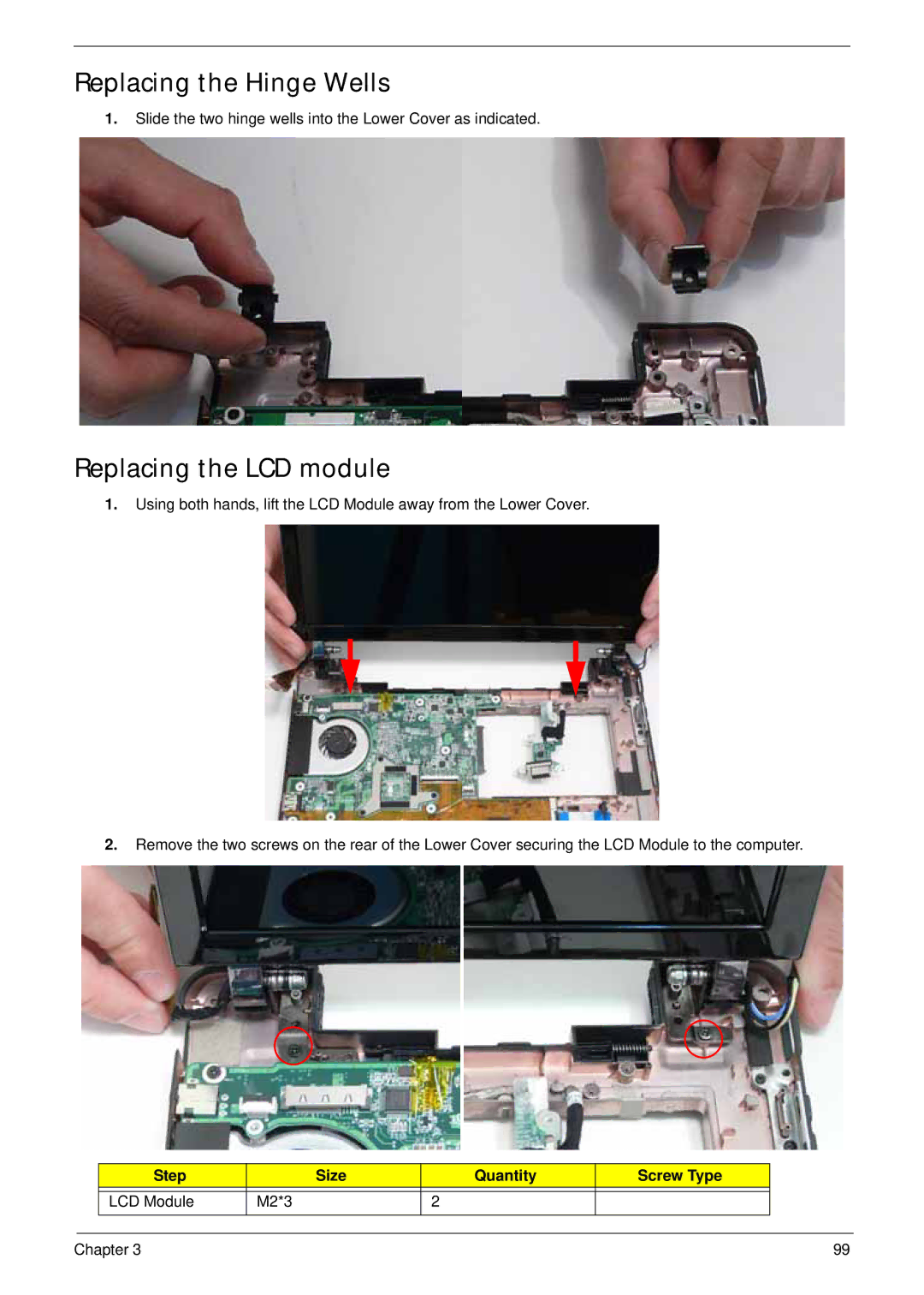 Acer LT31 manual Replacing the Hinge Wells, Replacing the LCD module 