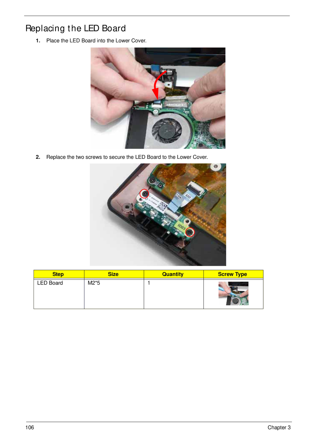 Acer LT31 manual Replacing the LED Board, Step Size Quantity Screw Type LED Board M2*5 