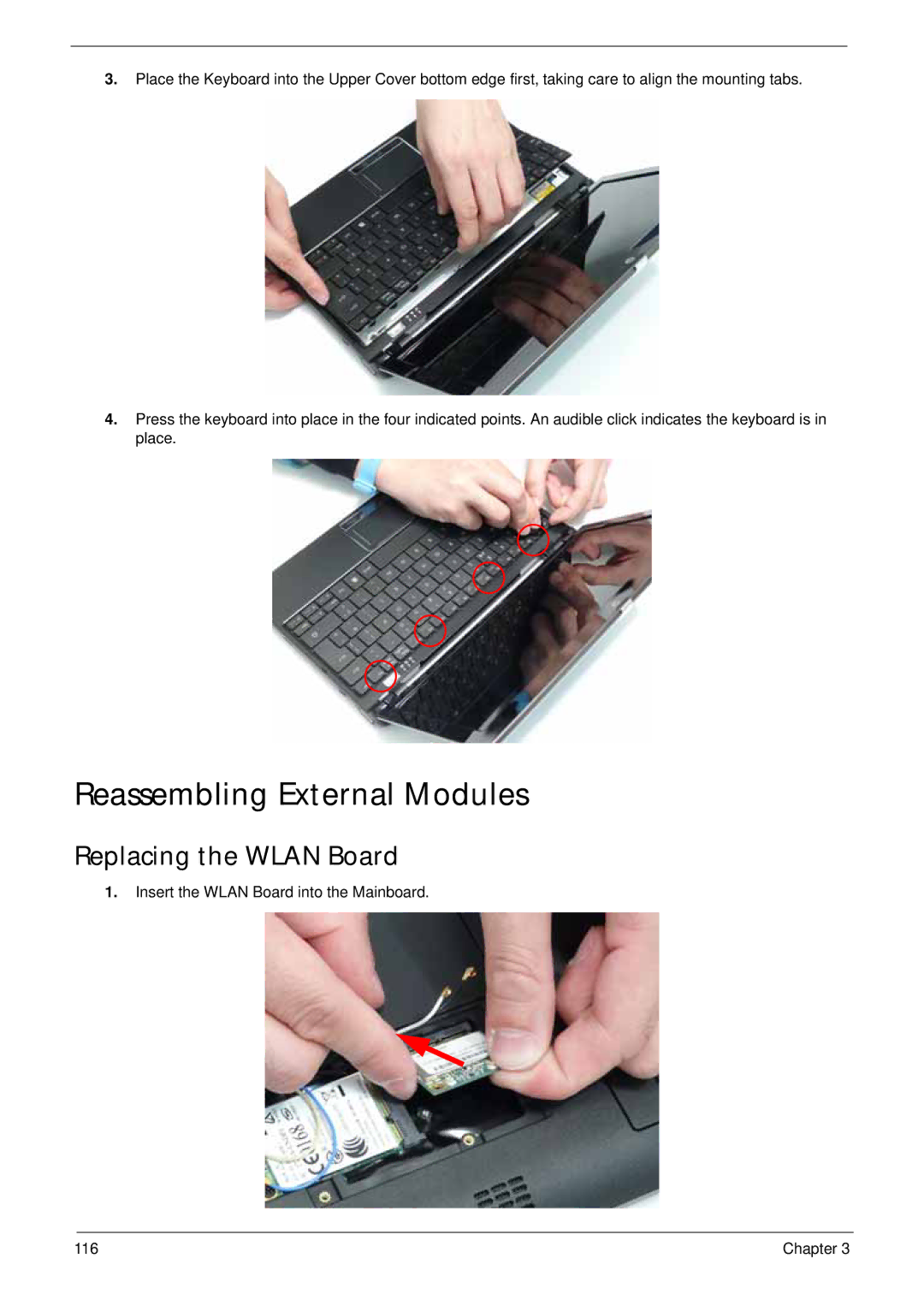 Acer LT31 manual Reassembling External Modules, Replacing the Wlan Board 