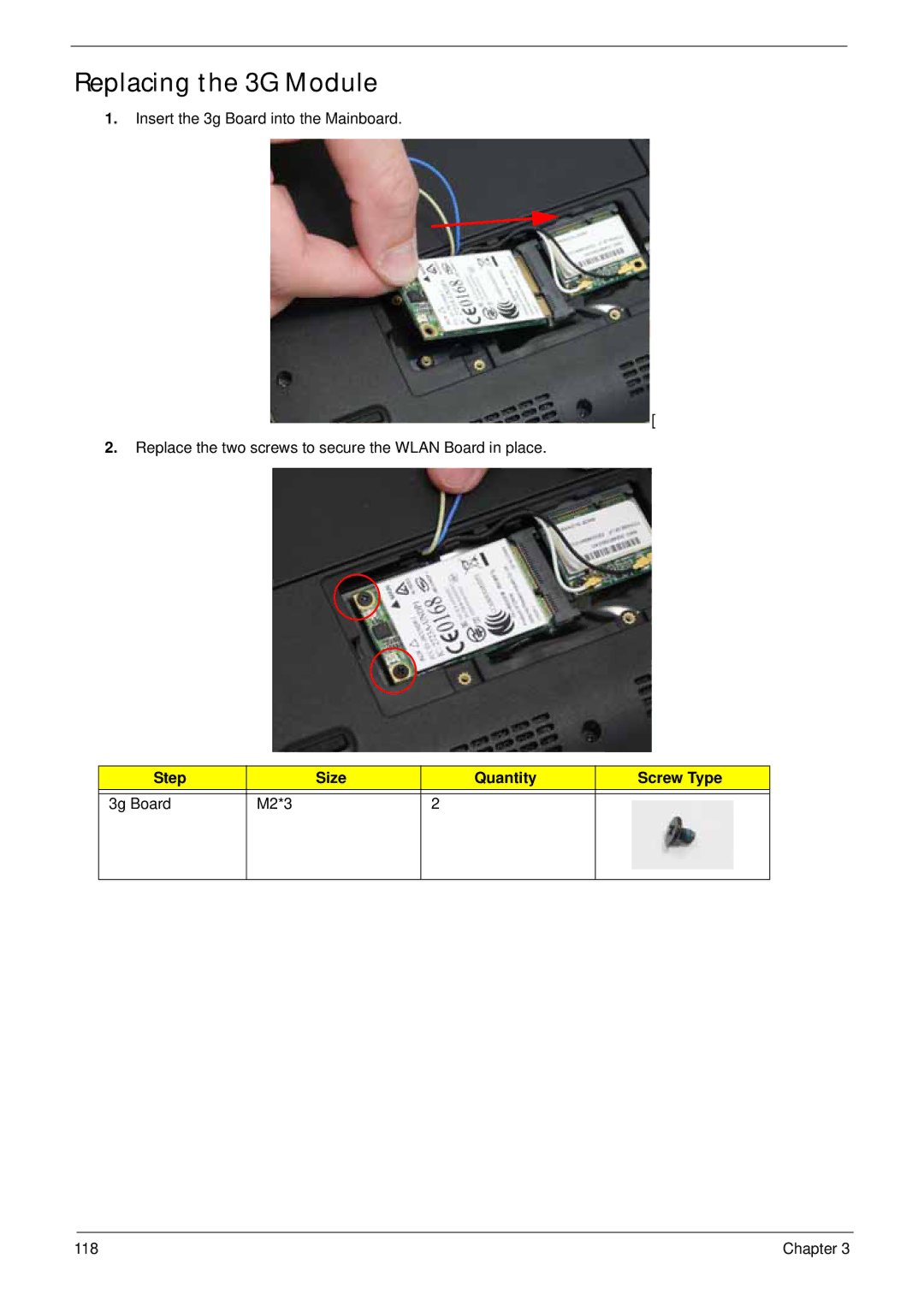 Acer LT31 manual Replacing the 3G Module, Step Size Quantity Screw Type 3g Board M2*3 