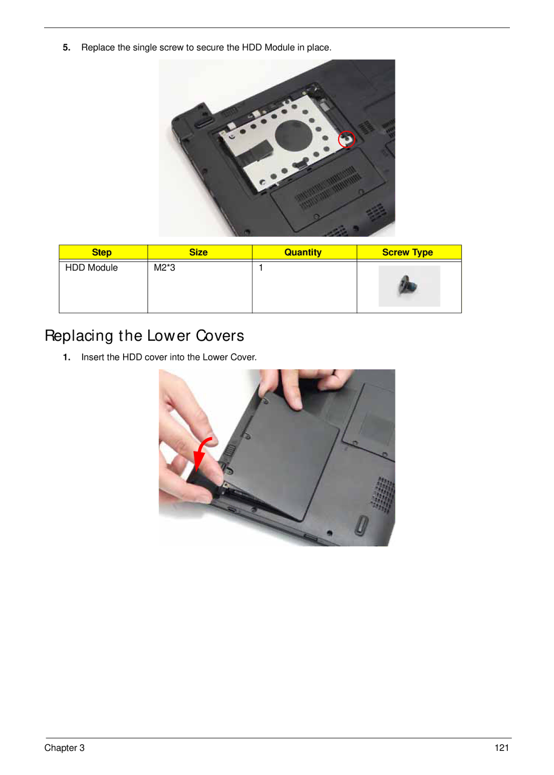 Acer LT31 manual Replacing the Lower Covers, Step Size Quantity Screw Type HDD Module M2*3 