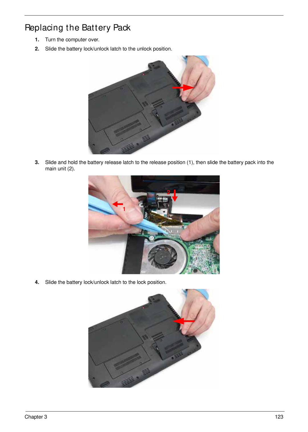 Acer LT31 manual Replacing the Battery Pack 