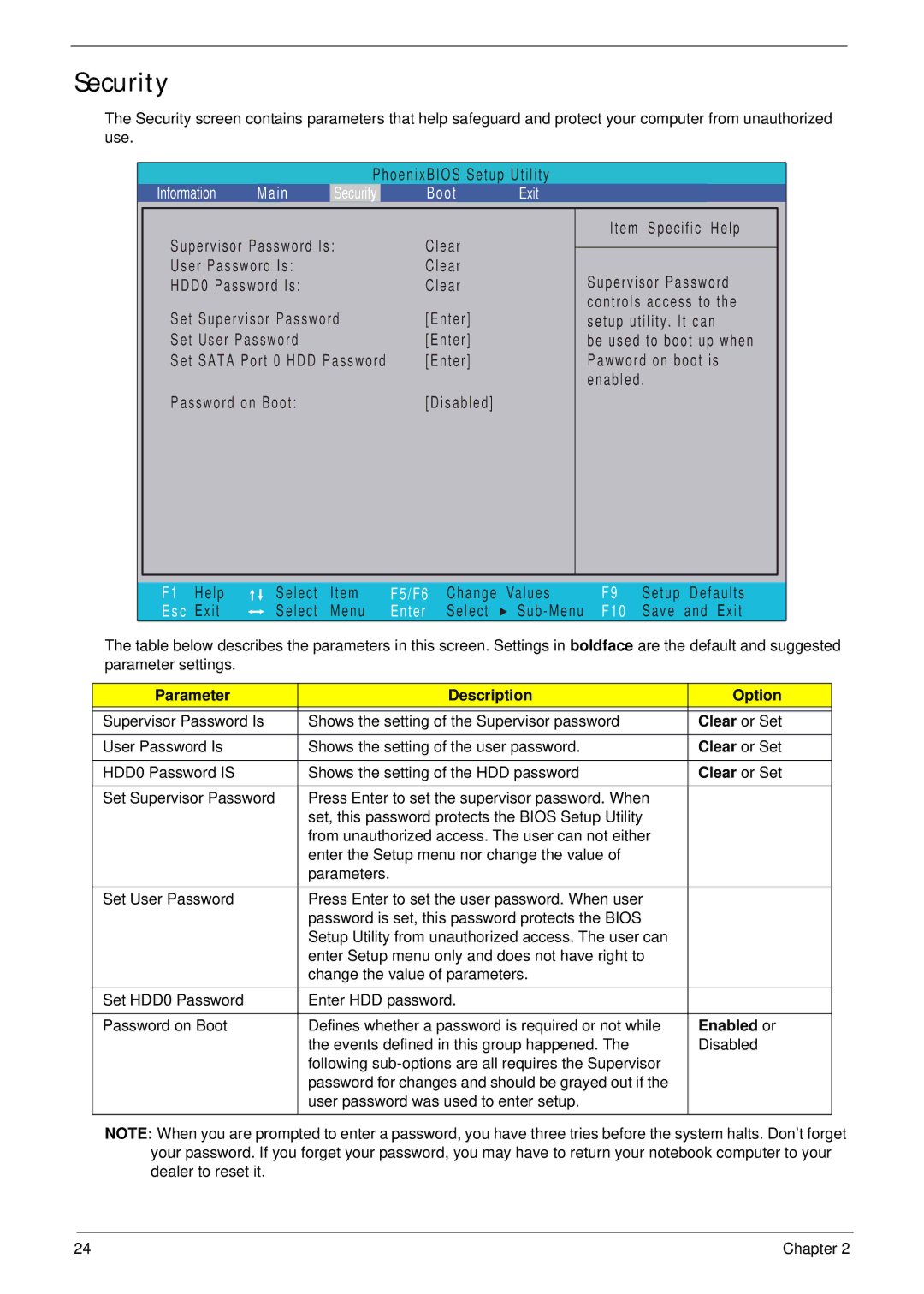 Acer LT31 manual Security, Parameter Description Option, Clear or Set, Enabled or 