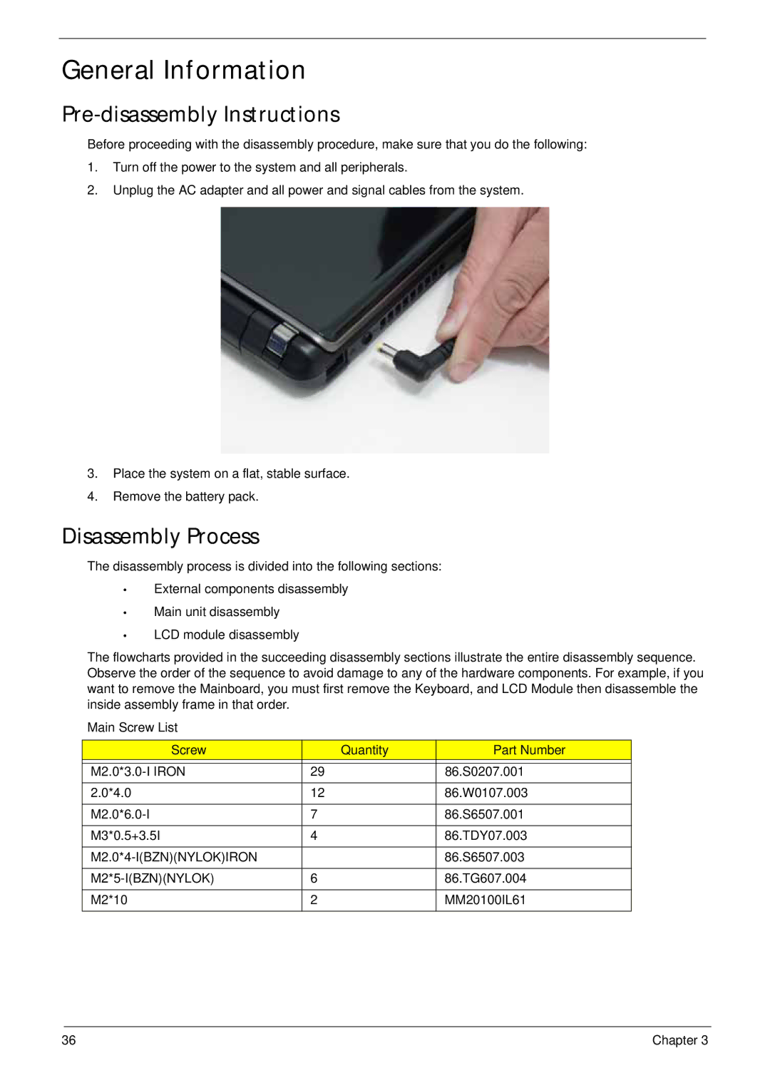 Acer LT31 General Information, Pre-disassembly Instructions, Disassembly Process, Main Screw List Quantity Part Number 