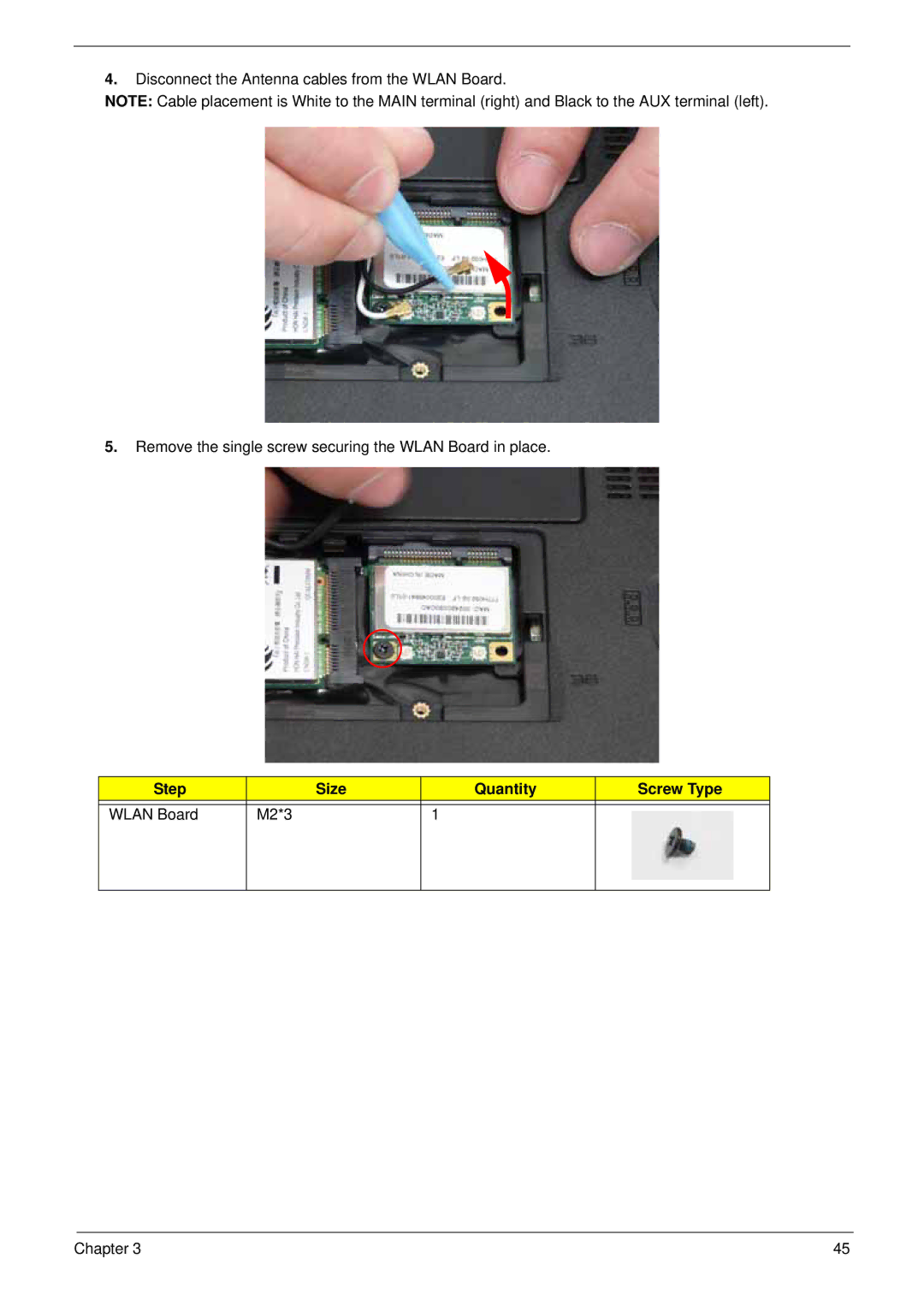 Acer LT31 manual Step Size Quantity Screw Type Wlan Board M2*3 