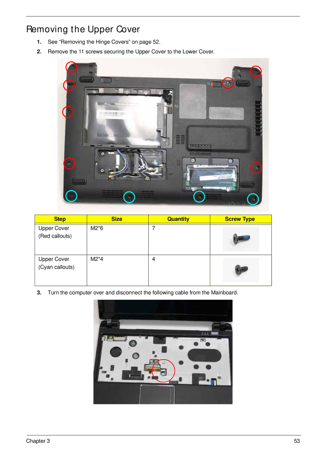 Acer LT31 manual Removing the Upper Cover, Step Size Quantity Screw Type 