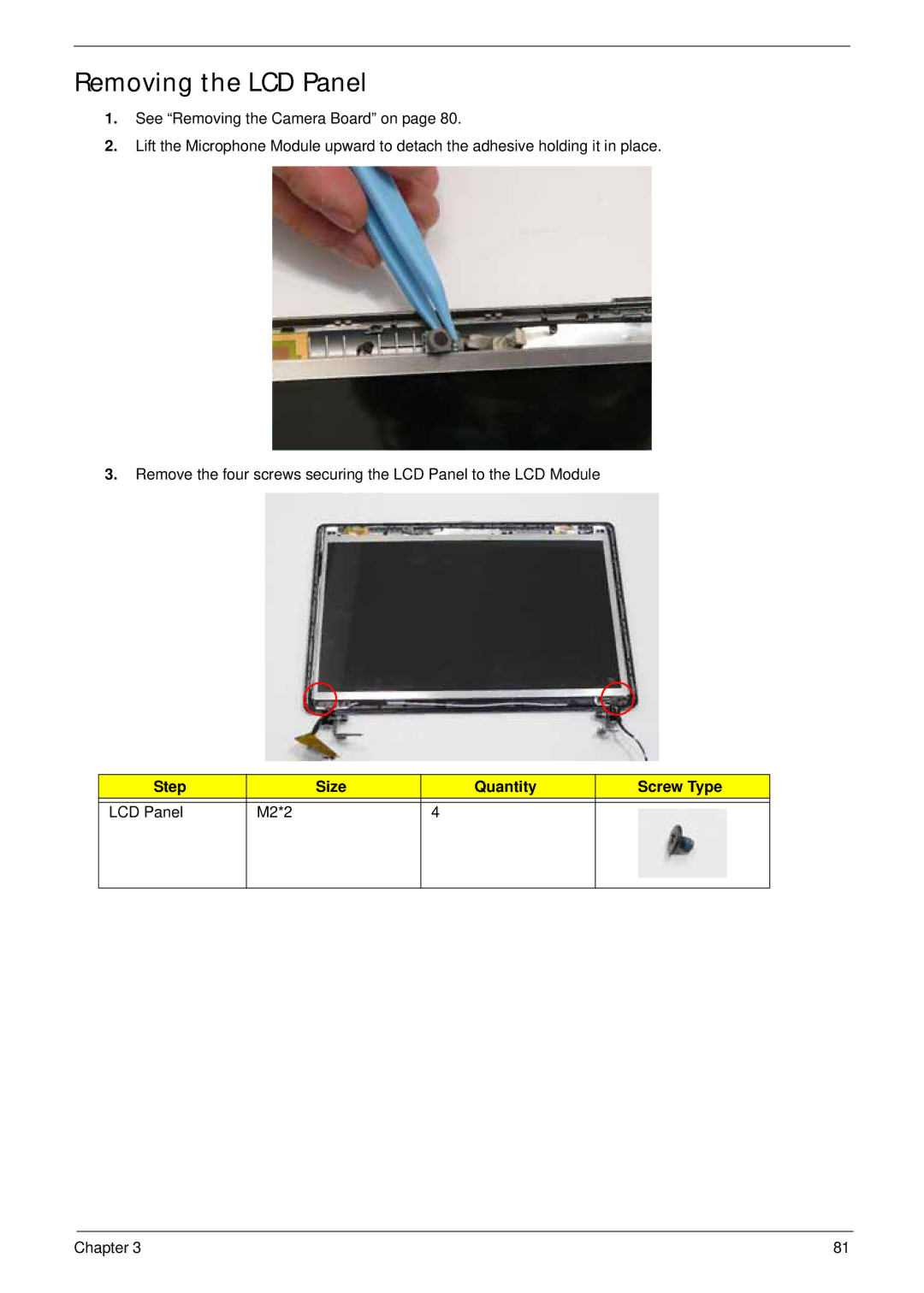 Acer LT31 manual Removing the LCD Panel, Step Size Quantity Screw Type LCD Panel M2*2 