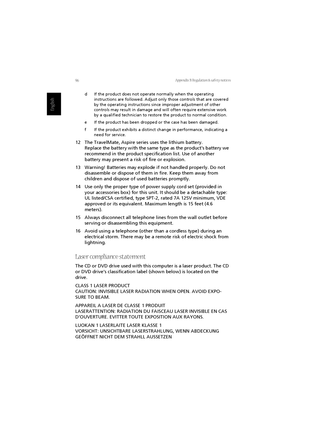 Acer LW80, 1670 Series manual Laser compliance statement 