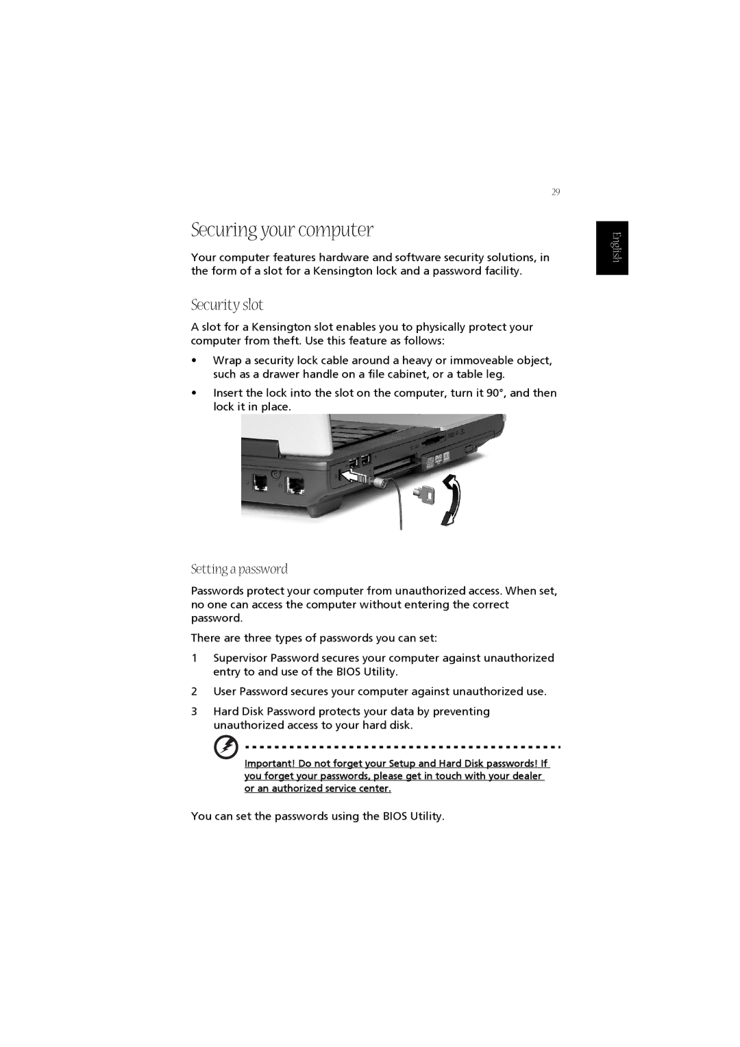 Acer 1670 Series, LW80 manual Securing your computer, Security slot, Setting a password 