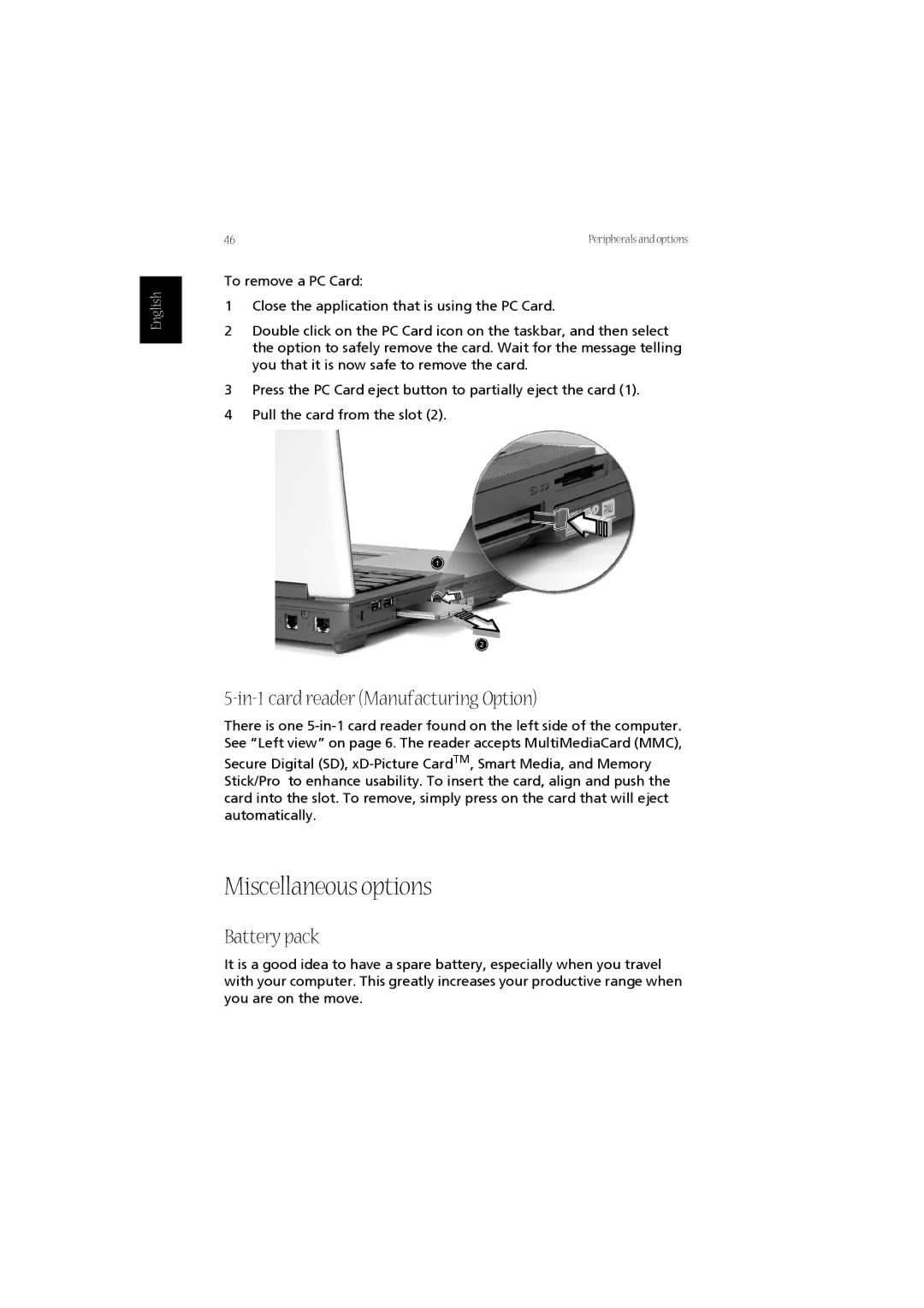 Acer LW80, 1670 Series manual Miscellaneous options, In-1 card reader Manufacturing Option, Battery pack 