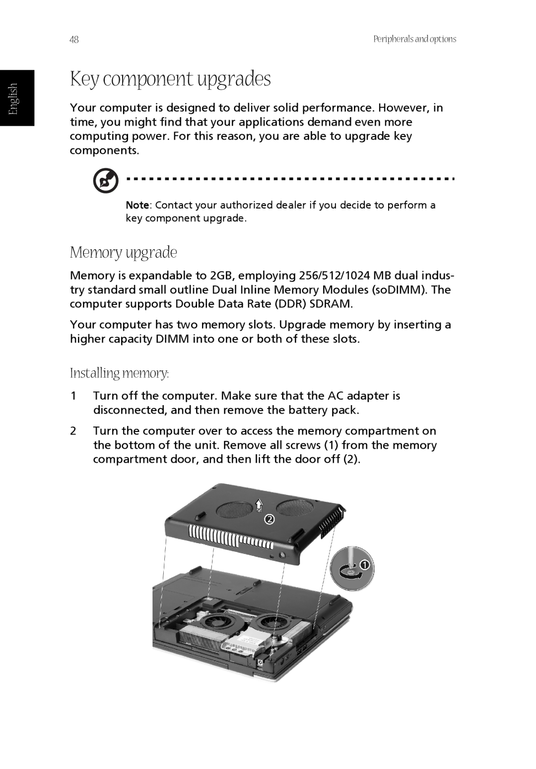 Acer LW80, 1670 Series manual Key component upgrades, Memory upgrade, Installing memory 