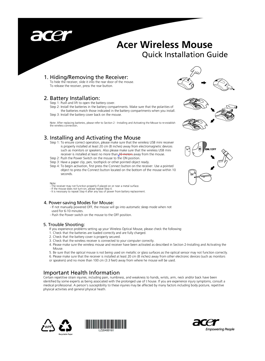 Acer LZ20400161 manual Acer Wireless Mouse, Quick Installation Guide 